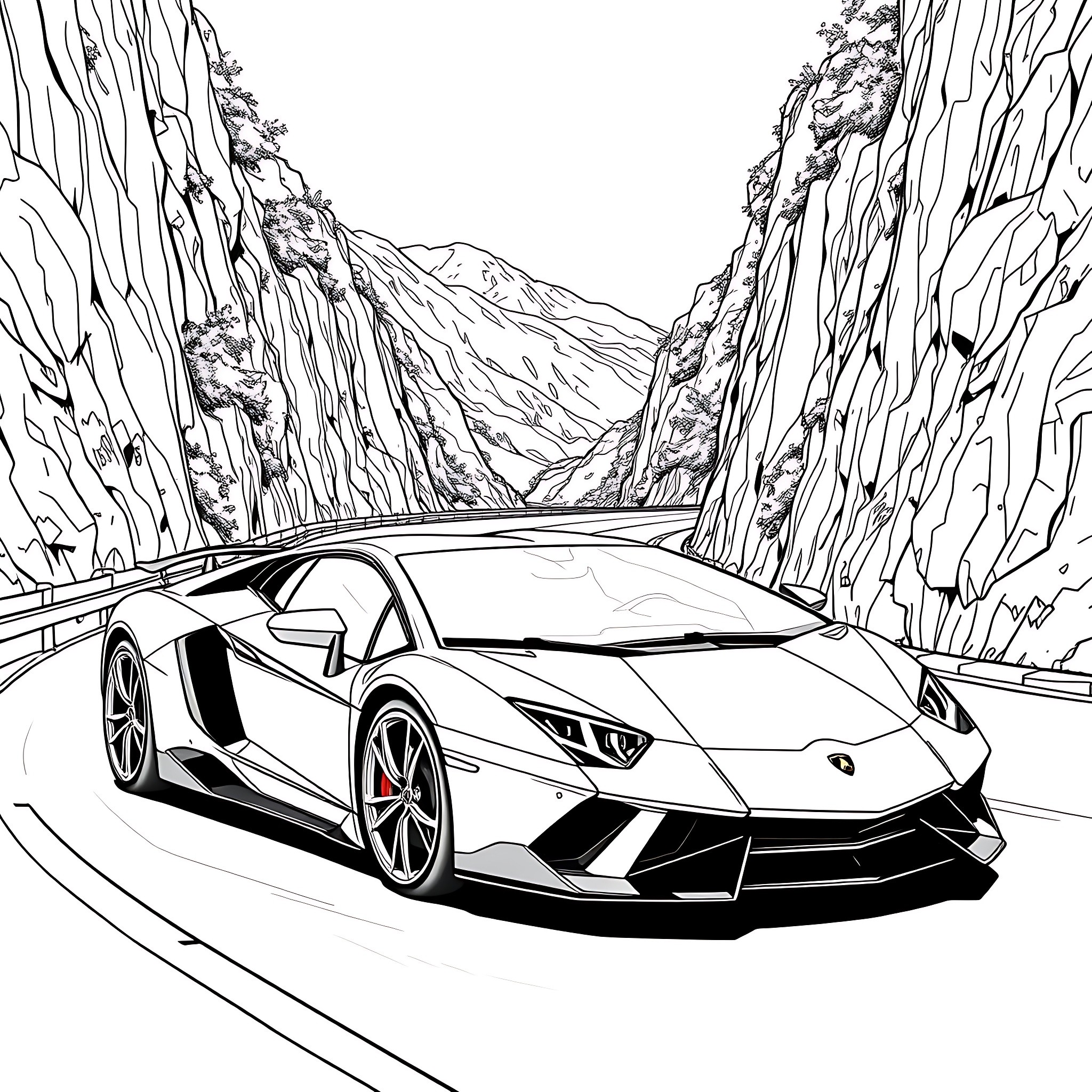 Lamborghini supercar in a dramatic mountain landscape Coloring Page (free black-and-white line drawing printable PDF for all, from beginners to advanced learners, including children, teens, adults, and seniors)
