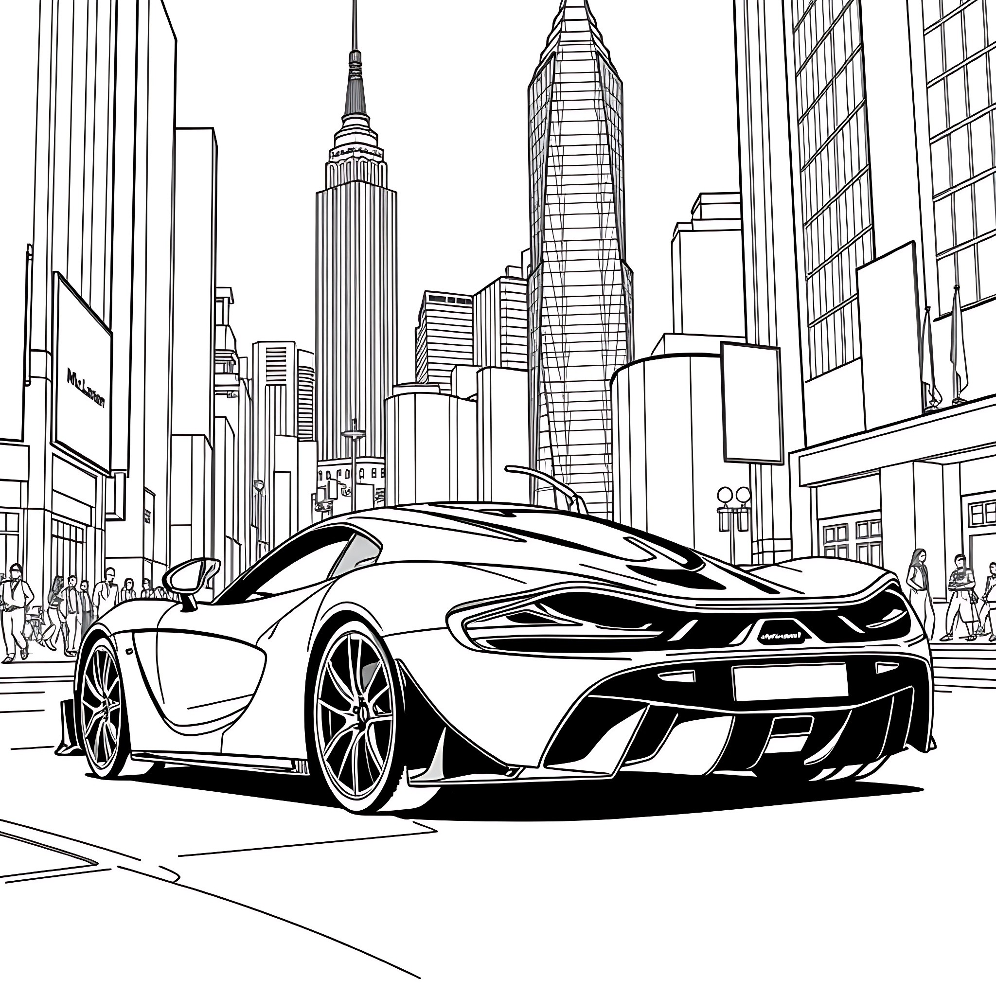 McLaren sports car in the city skyline Coloring Page (free black-and-white line drawing printable PDF for all, from beginners to advanced learners, including children, teens, adults, and seniors)