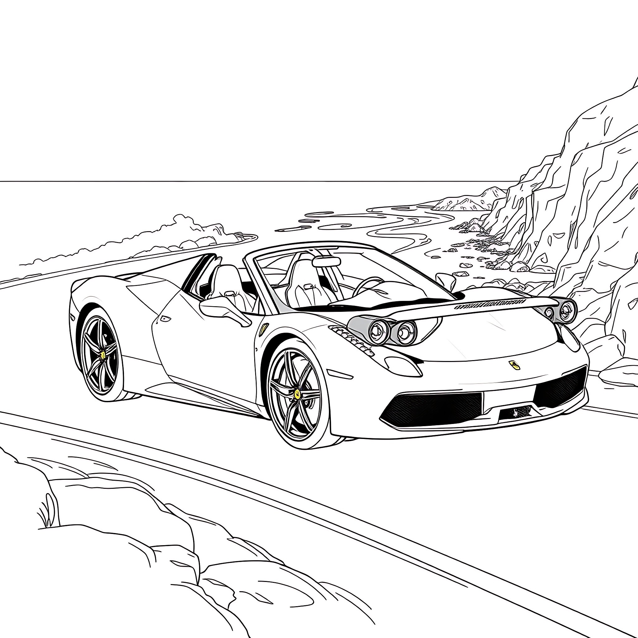 Ferrari supercar racing through scenic landscape Coloring Page (free black-and-white line drawing printable PDF for all, from beginners to advanced learners, including children, teens, adults, and seniors)