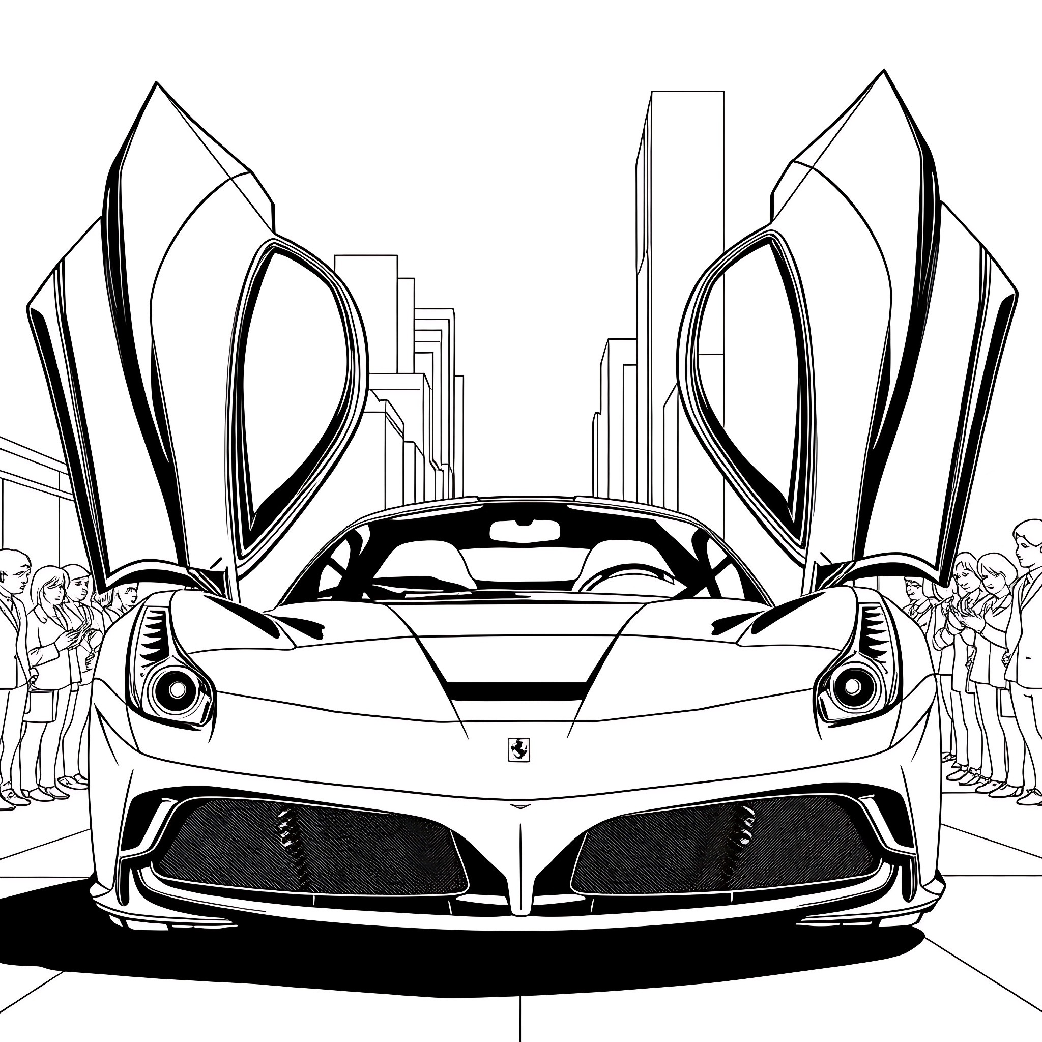 Ferrari Supercar Showcased in City Debut Coloring Page (free black-and-white line drawing printable PDF for all, from beginners to advanced learners, including children, teens, adults, and seniors)