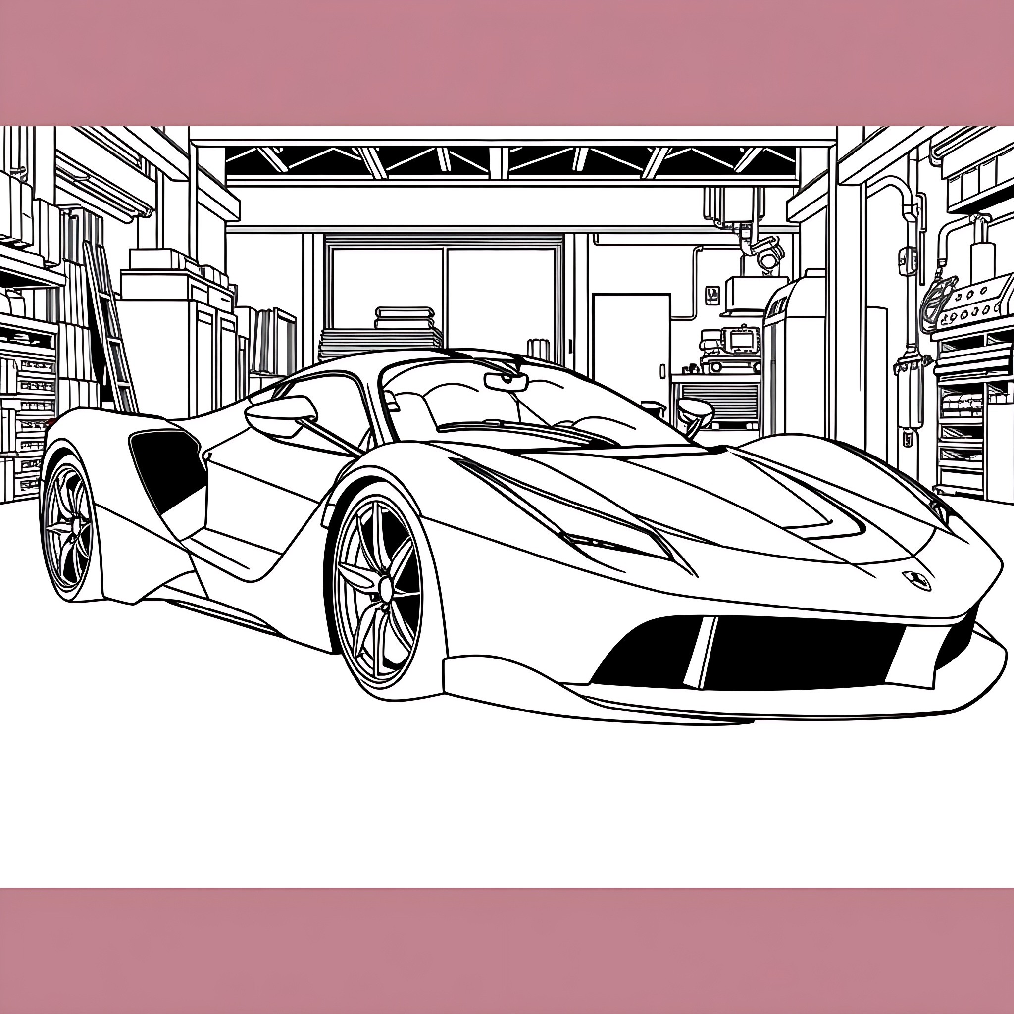 Ferrari supercar in a modern garage setting Coloring Page (free black-and-white line drawing printable PDF for all, from beginners to advanced learners, including children, teens, adults, and seniors)
