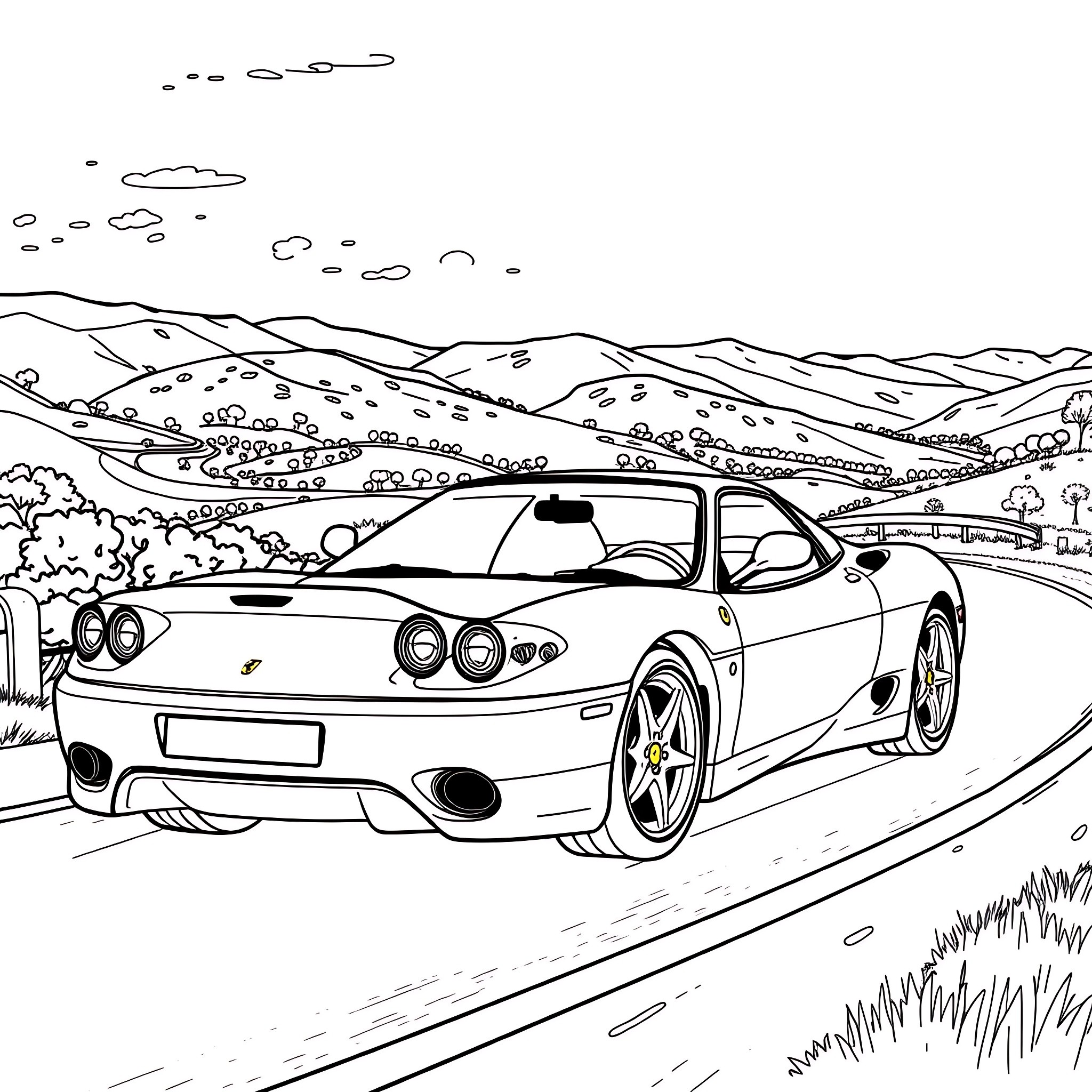 Ferrari speeding through the countryside Coloring Page (free black-and-white line drawing printable PDF for all, from beginners to advanced learners, including children, teens, adults, and seniors)