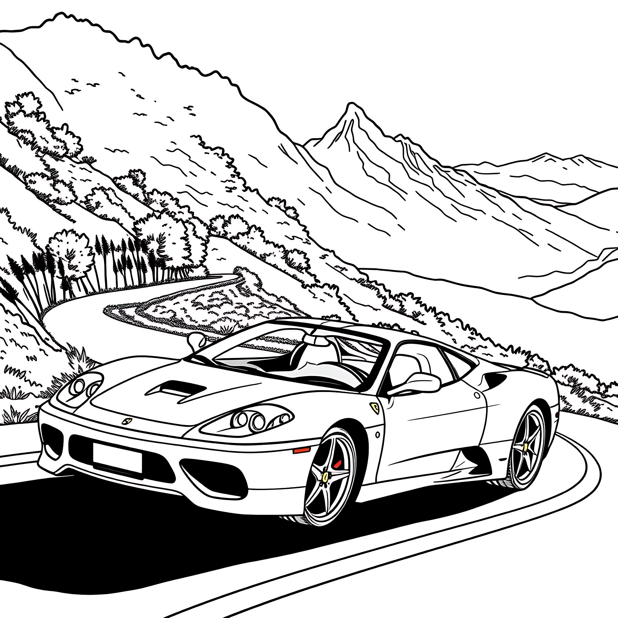 Ferrari sports car racing on a mountain road Coloring Page (free black-and-white line drawing printable PDF for all, from beginners to advanced learners, including children, teens, adults, and seniors)