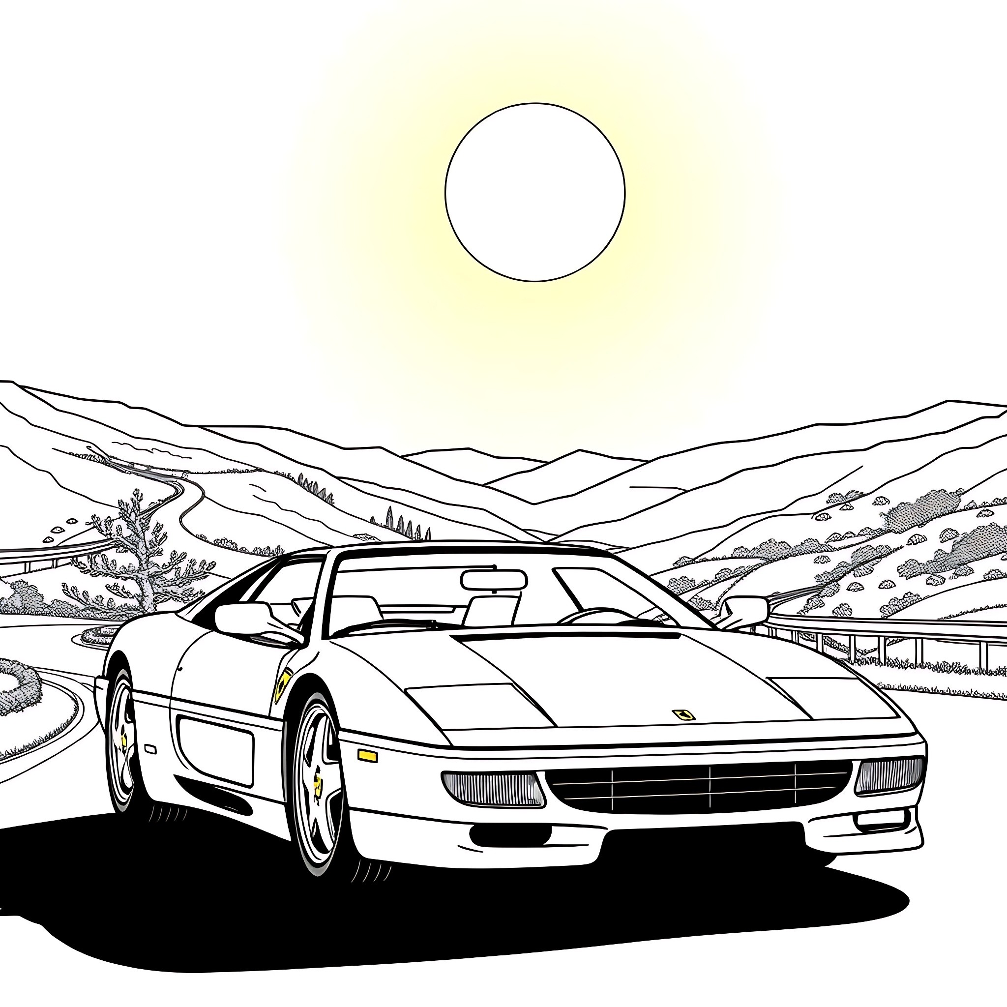 Ferrari sports car speeding through scenic landscape Coloring Page (free black-and-white line drawing printable PDF for all, from beginners to advanced learners, including children, teens, adults, and seniors)