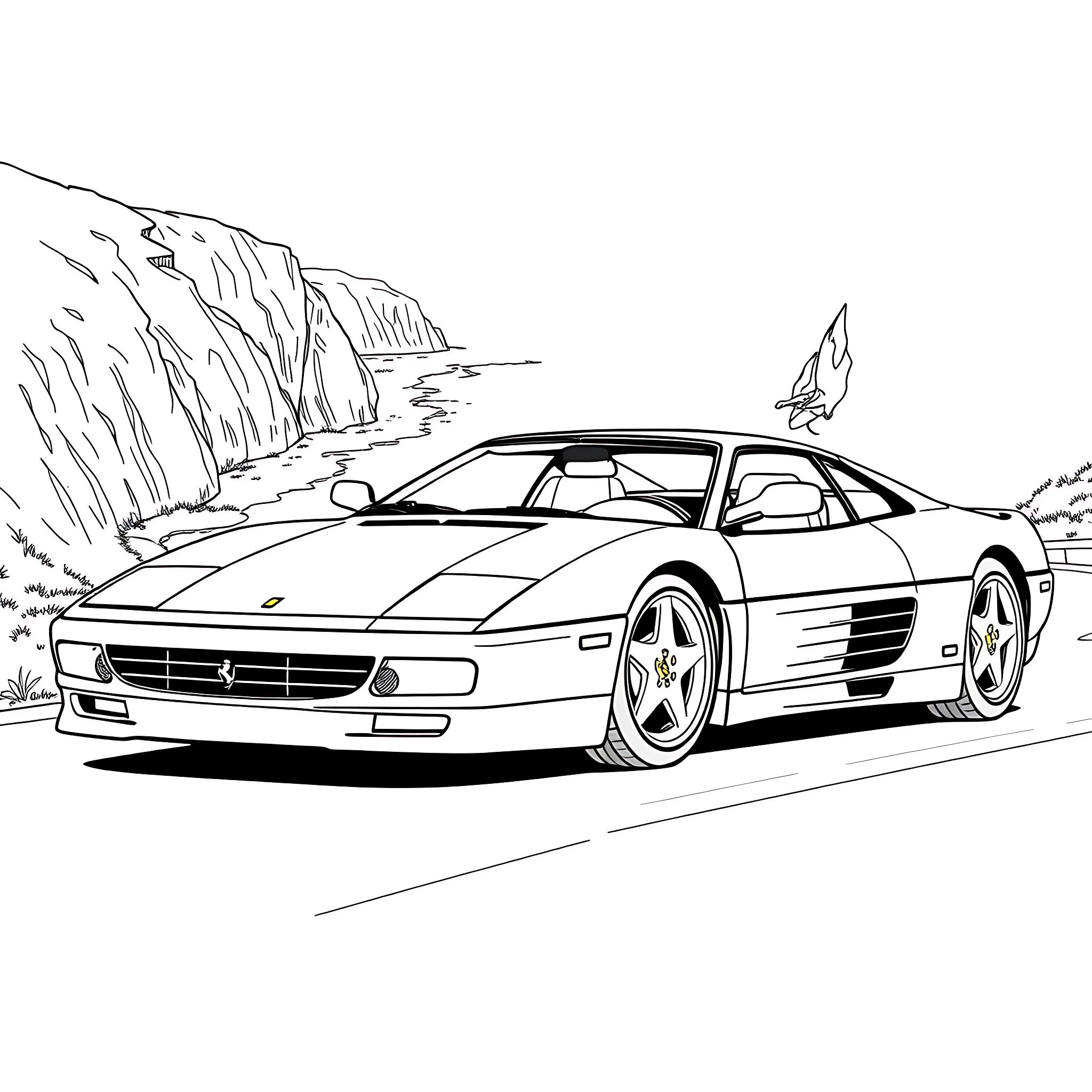 Ferrari sports car speeding through scenic landscape Coloring Page (free black-and-white line drawing printable PDF for all, from beginners to advanced learners, including children, teens, adults, and seniors)