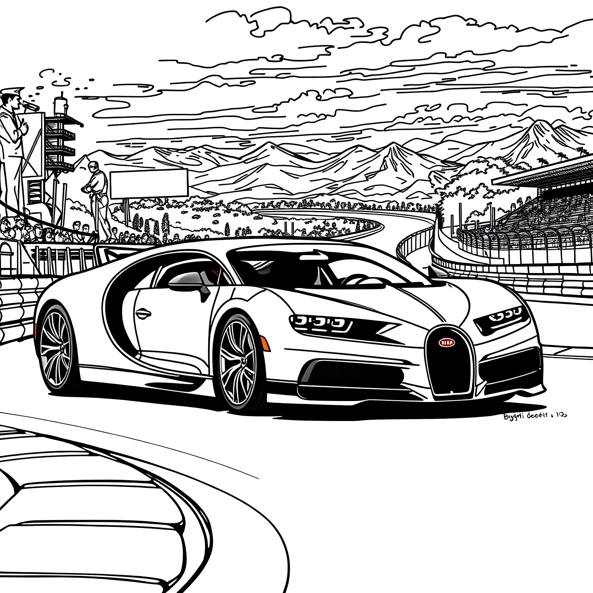 Bugatti supercar speeding on a scenic mountain road Coloring Page (free black-and-white line drawing printable PDF for all, from beginners to advanced learners, including children, teens, adults, and seniors)