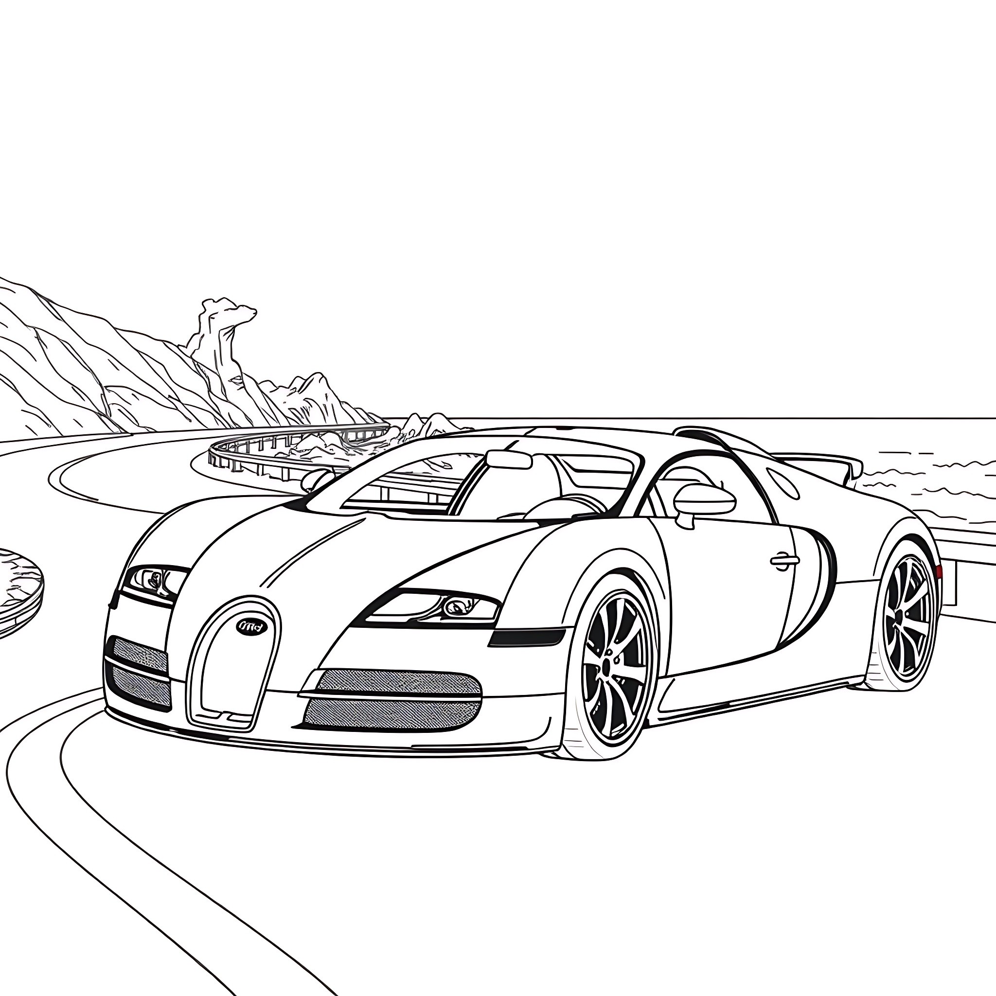 Bugatti supercar on a coastal road Coloring Page (free black-and-white line drawing printable PDF for all, from beginners to advanced learners, including children, teens, adults, and seniors)