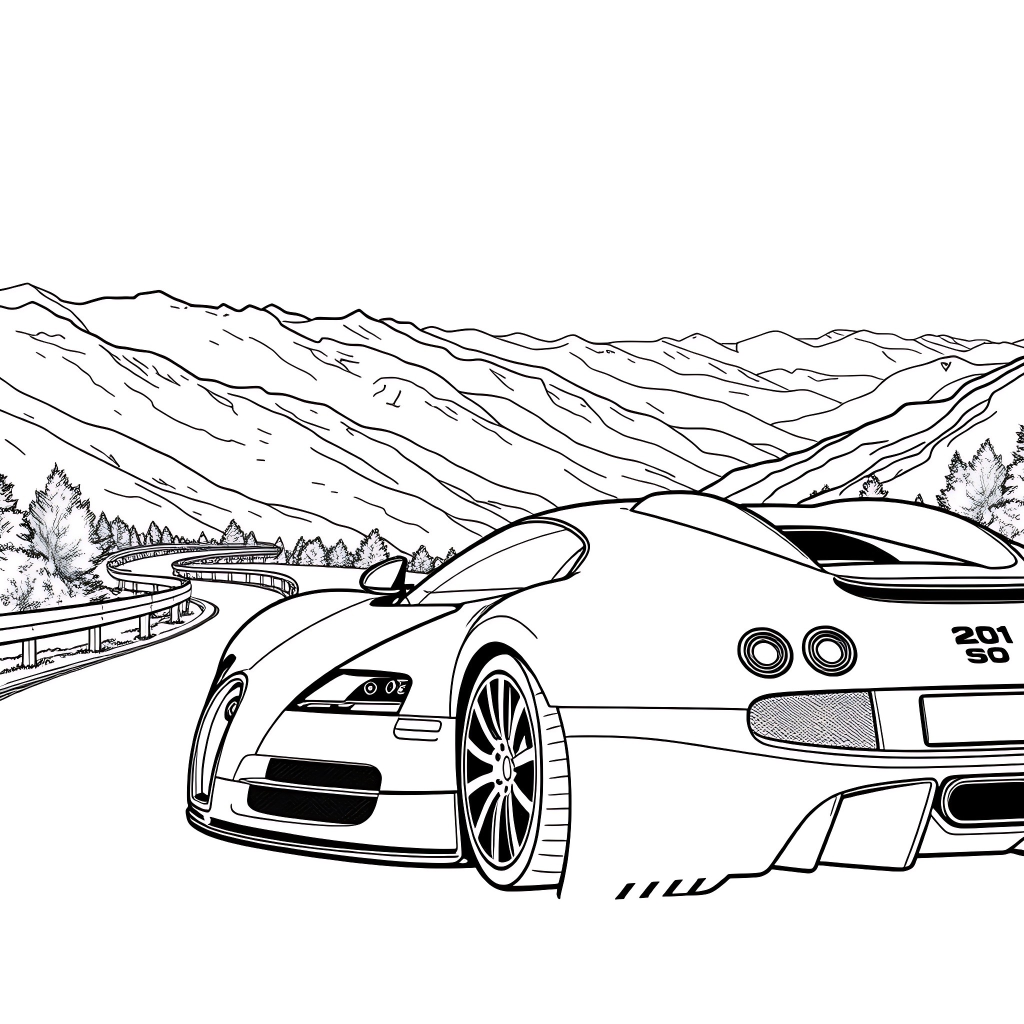 Bugatti racing through the scenic mountain roads Coloring Page (free black-and-white line drawing printable PDF for all, from beginners to advanced learners, including children, teens, adults, and seniors)