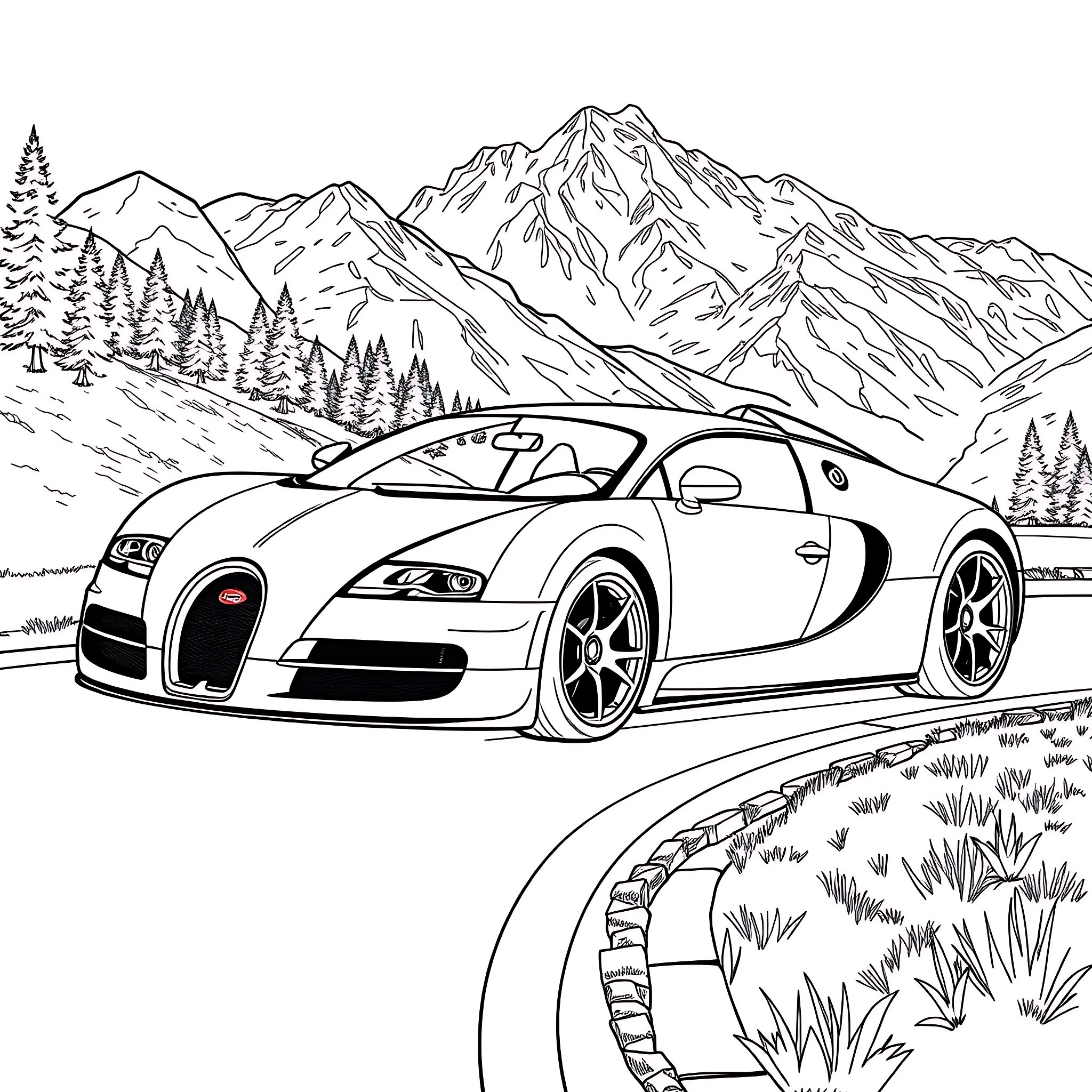 Bugatti supercar driving through the scenic mountain landscape Coloring Page (free black-and-white line drawing printable PDF for all, from beginners to advanced learners, including children, teens, adults, and seniors)