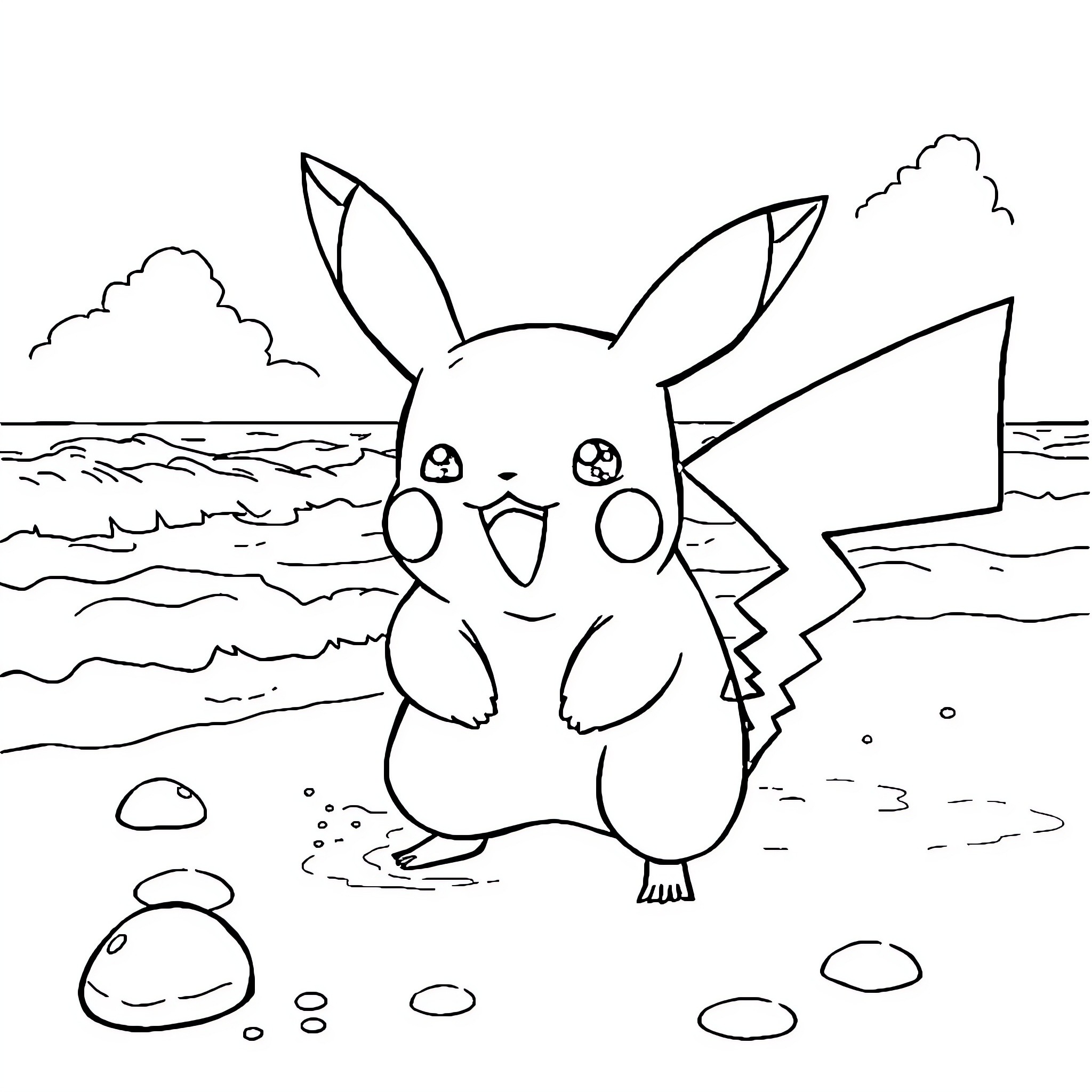 Pikachu enjoying the seaside view Coloring Page (free black-and-white line drawing printable PDF for all, from beginners to advanced learners, including children, teens, adults, and seniors)