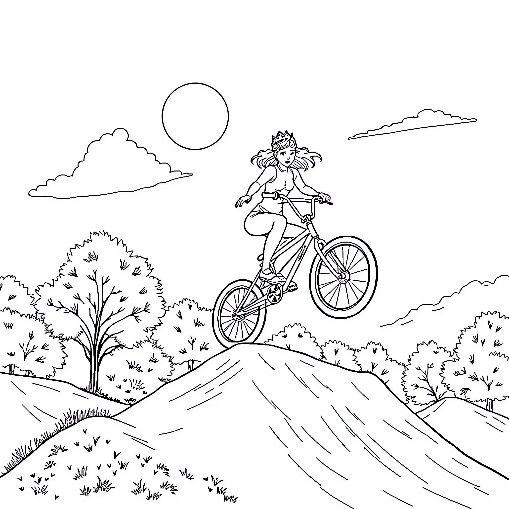 Queen cycling through a scenic landscape Coloring Page (free black-and-white line drawing printable PDF for all, from beginners to advanced learners, including children, teens, adults, and seniors)