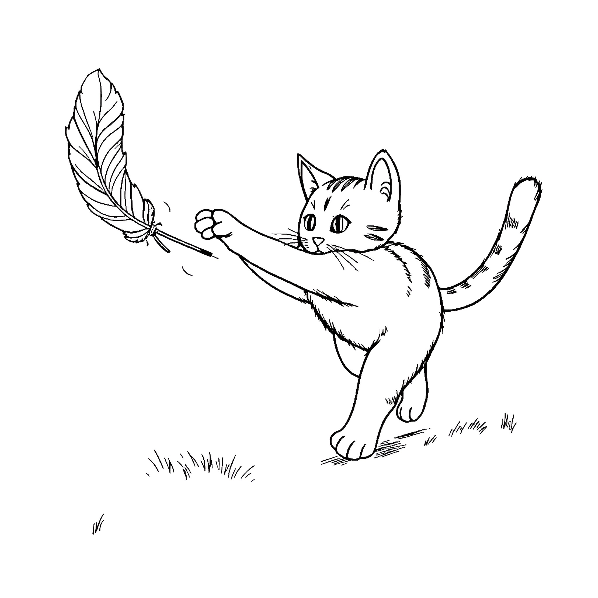 Cat playing with a feather in the grass Coloring Page (free black-and-white line drawing printable PDF for all, from beginners to advanced learners, including children, teens, adults, and seniors)