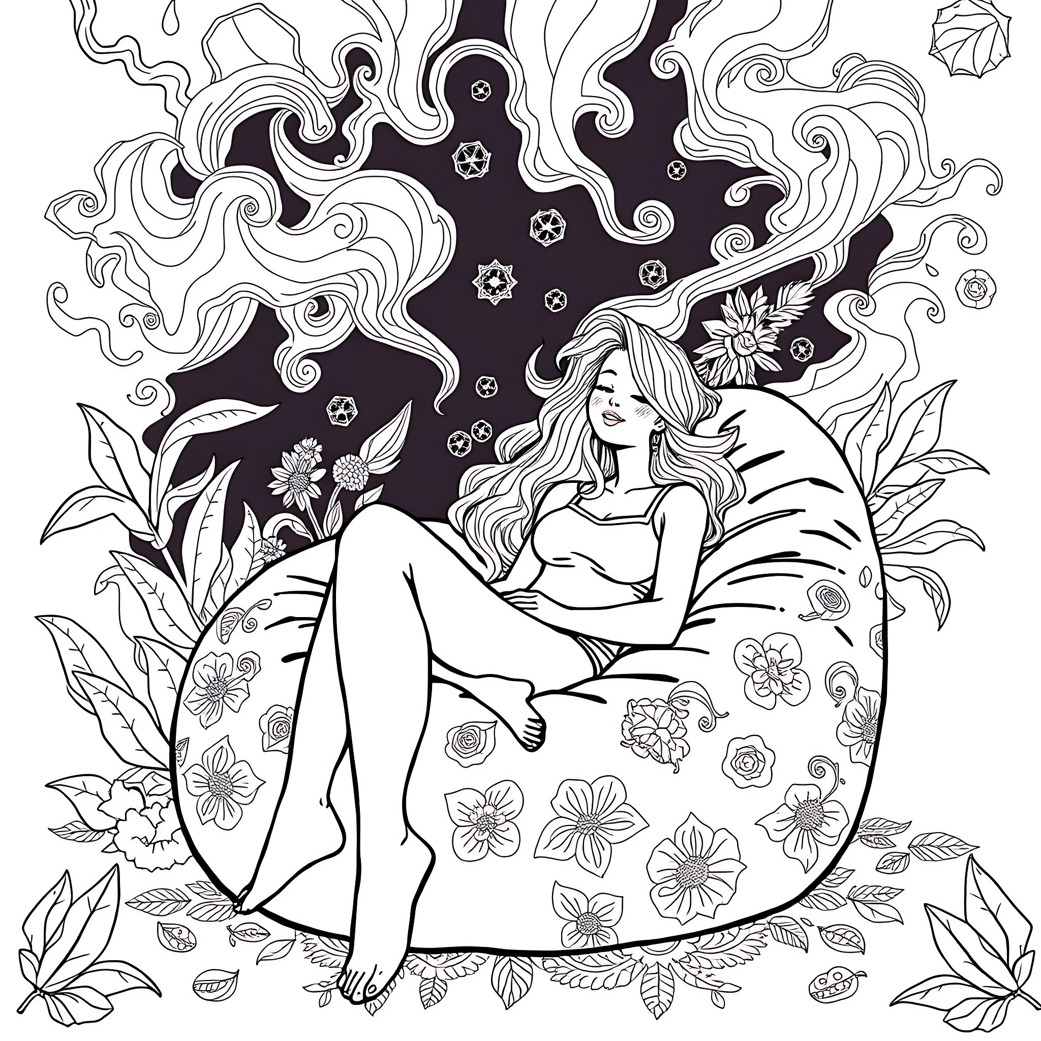 Stoner Girl Daydreaming Amidst Floral Psychedelia Coloring Page (free black-and-white line drawing printable PDF for all, from beginners to advanced learners, including children, teens, adults, and seniors)