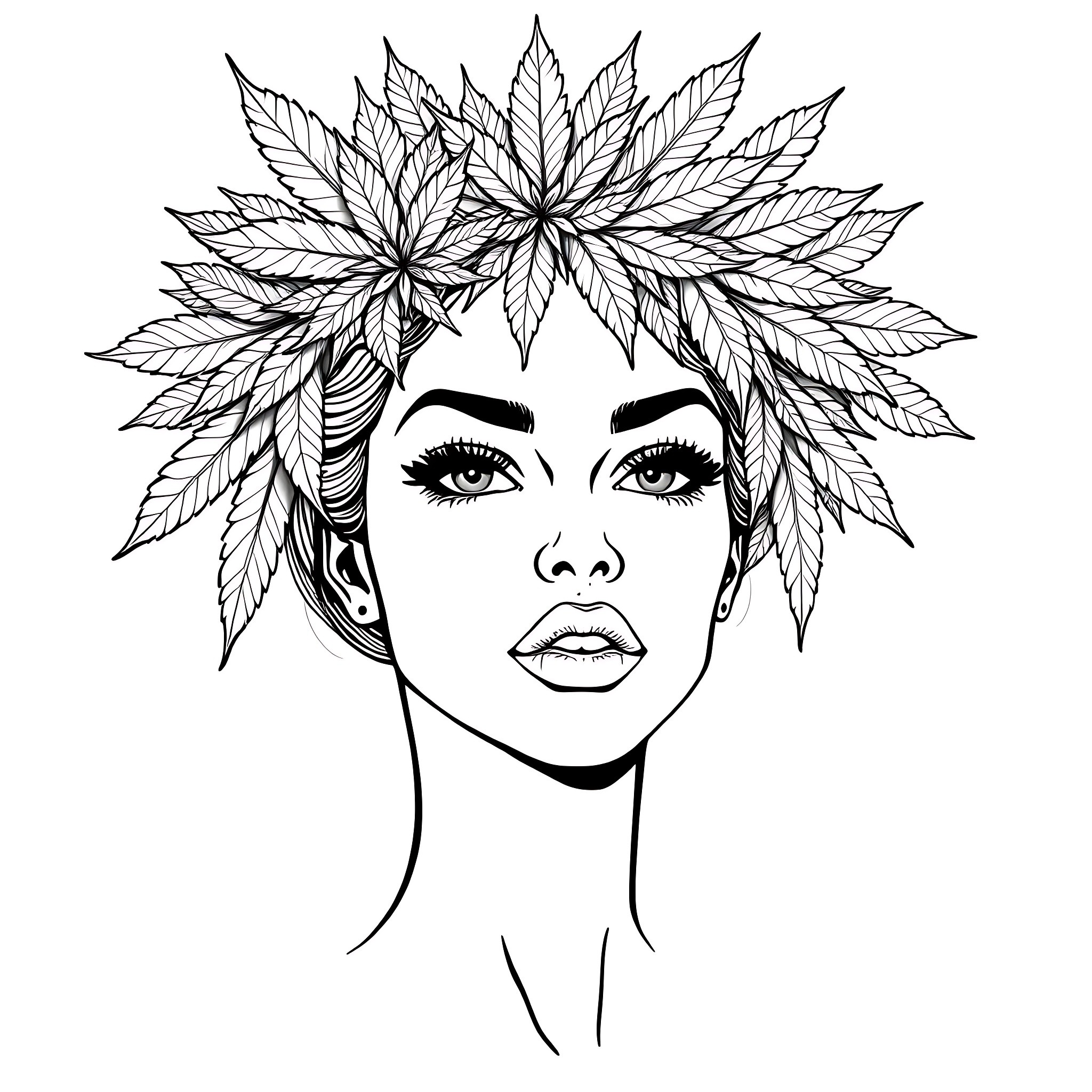 Woman with Intricate Leaf Headdress Coloring Page (free black-and-white line drawing printable PDF for all, from beginners to advanced learners, including children, teens, adults, and seniors)