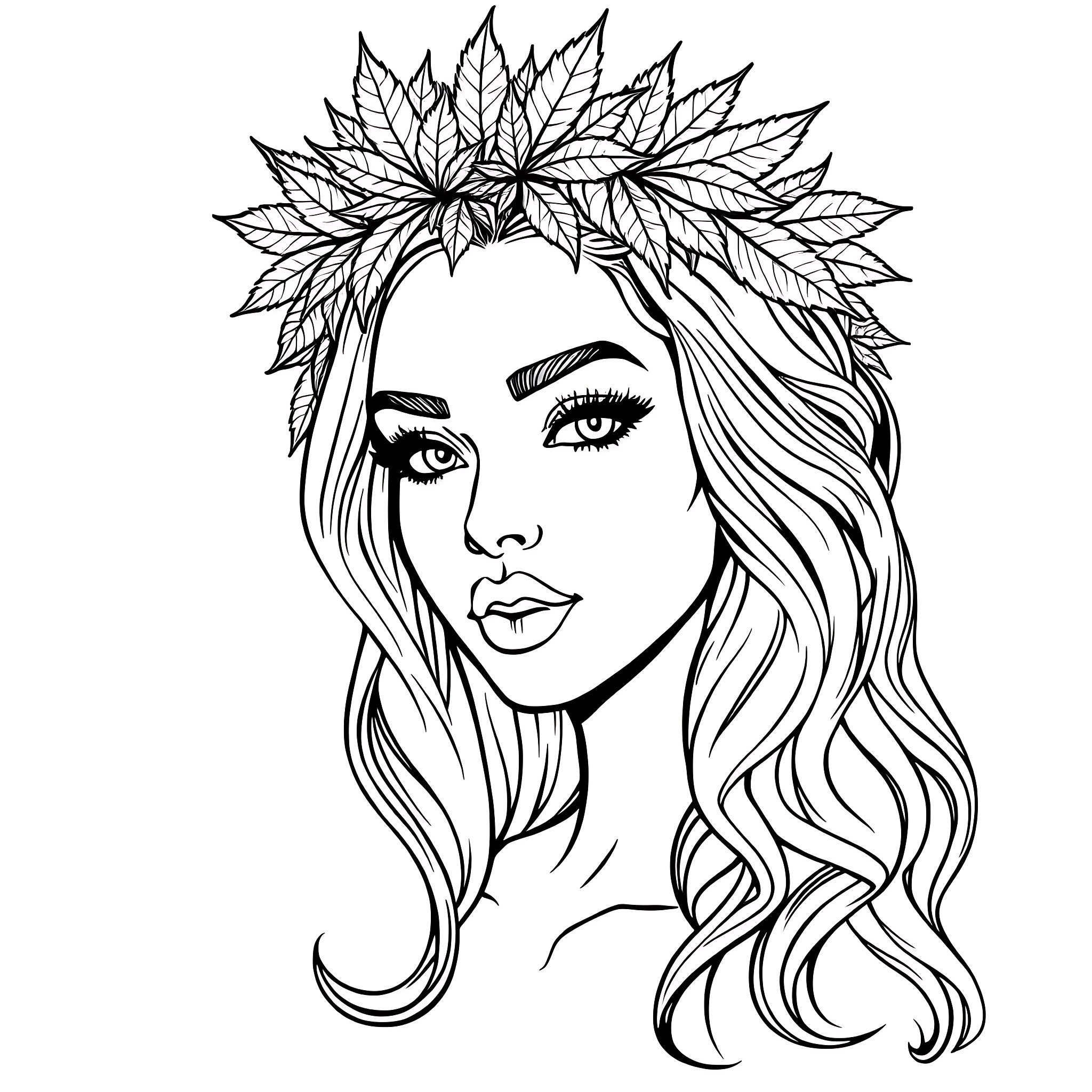 Woman with a floral leaf crown Coloring Page (free black-and-white line drawing printable PDF for all, from beginners to advanced learners, including children, teens, adults, and seniors)