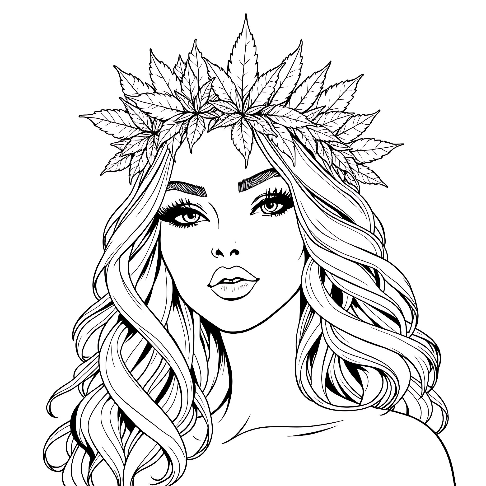 Woman with Intricate Leaf Crown and Flowing Hair Coloring Page (free black-and-white line drawing printable PDF for all, from beginners to advanced learners, including children, teens, adults, and seniors)