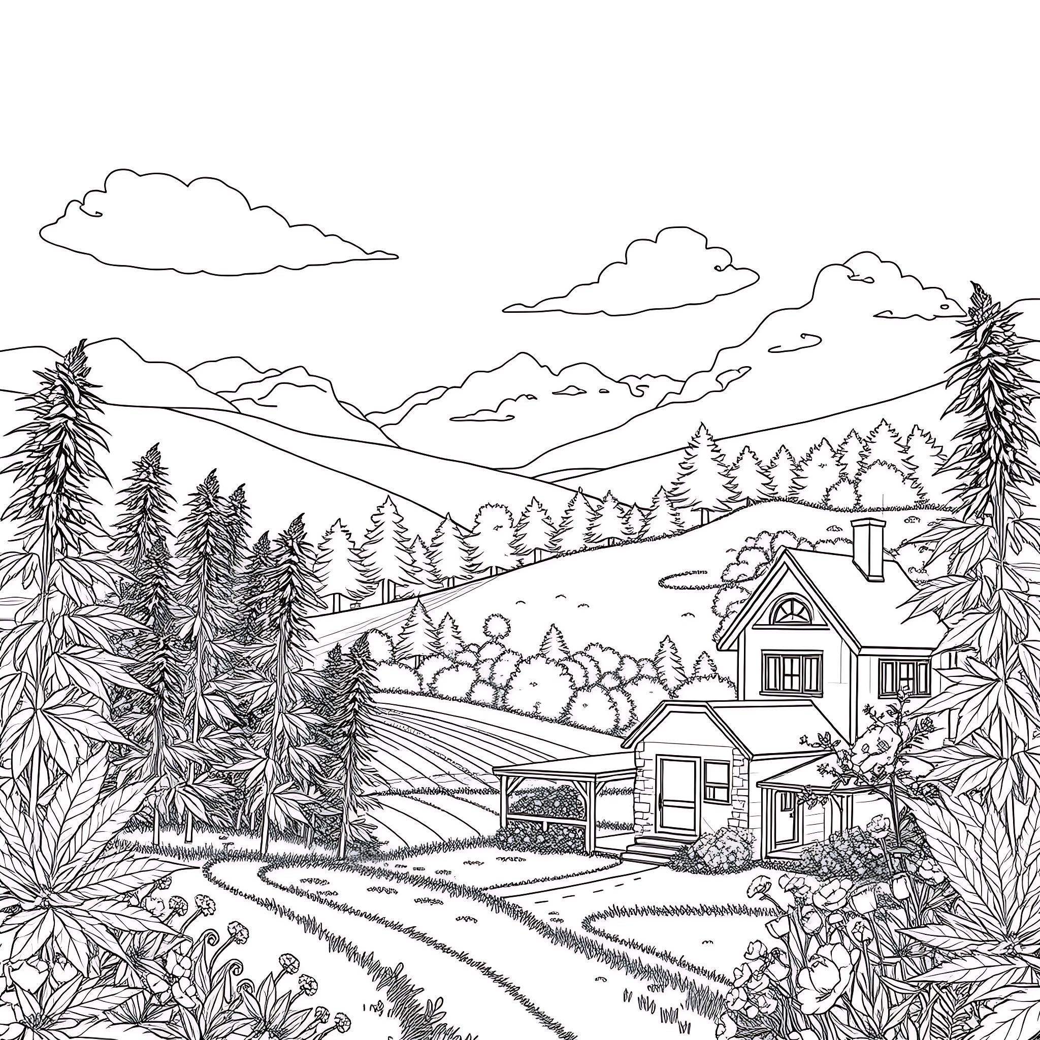 Cannabis plants in a rural countryside landscape Coloring Page (free black-and-white line drawing printable PDF for all, from beginners to advanced learners, including children, teens, adults, and seniors)