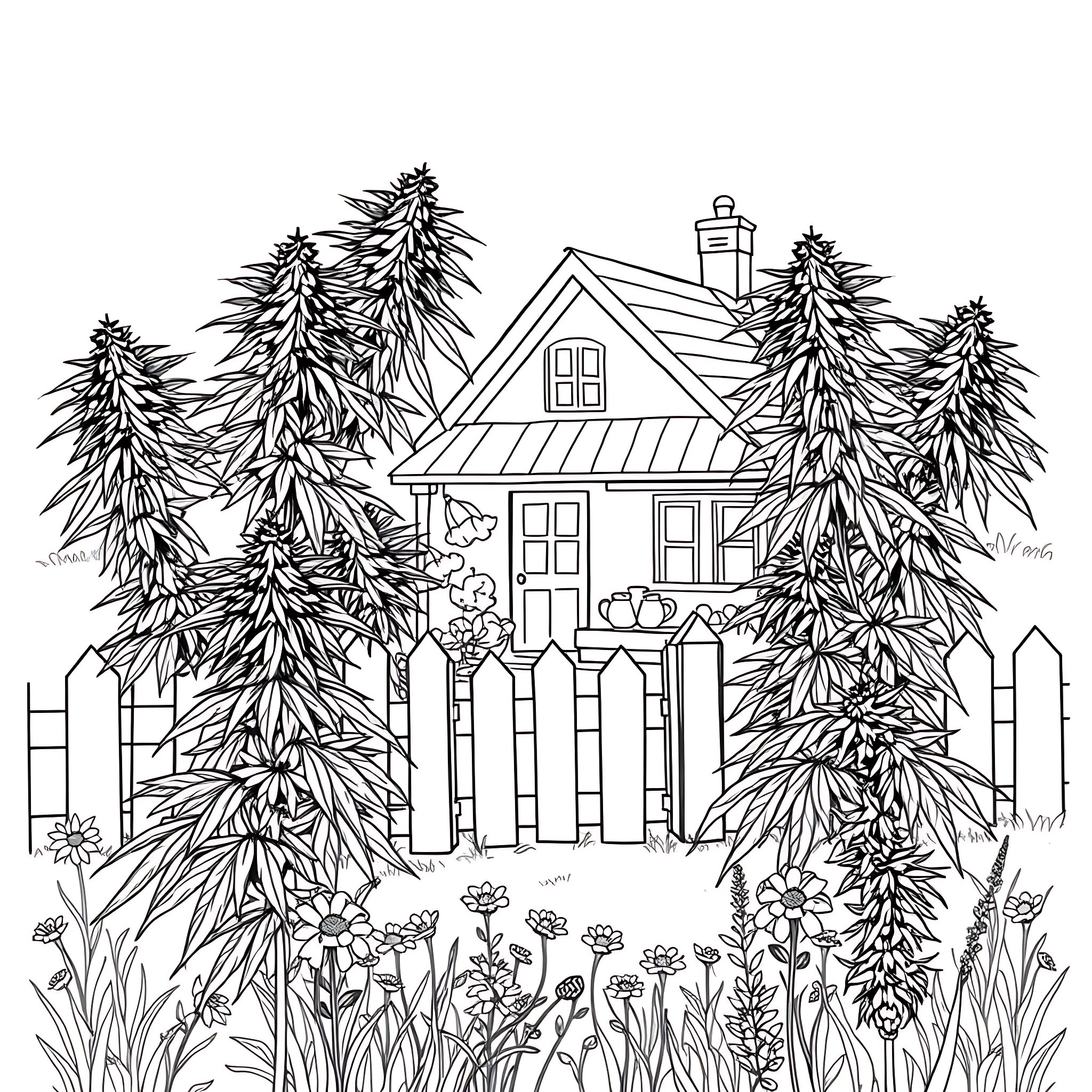 Cannabis plants surrounding a cozy cabin in the woods Coloring Page (free black-and-white line drawing printable PDF for all, from beginners to advanced learners, including children, teens, adults, and seniors)