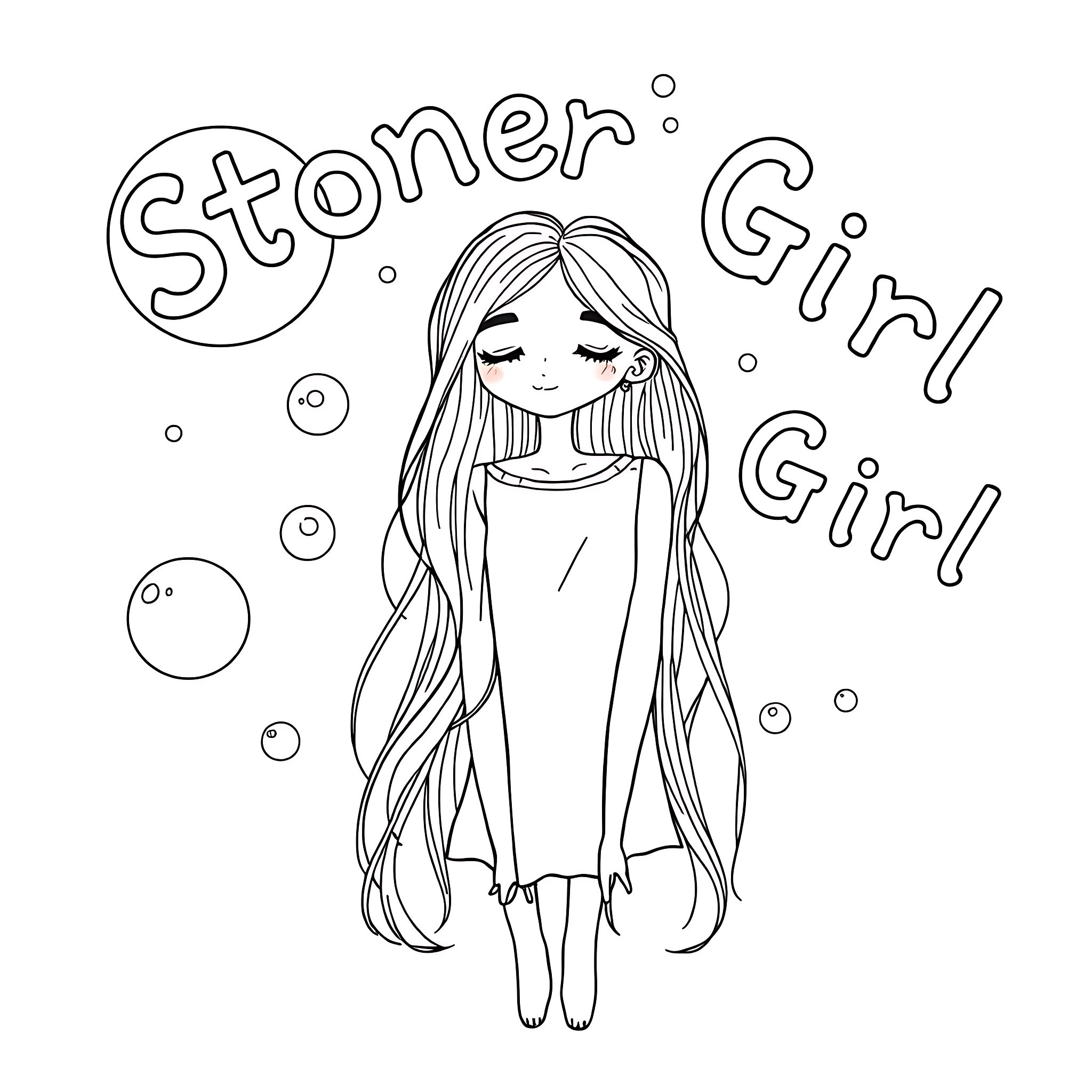 Stoner Girl sitting in a relaxed pose Coloring Page (free black-and-white line drawing printable PDF for all, from beginners to advanced learners, including children, teens, adults, and seniors)