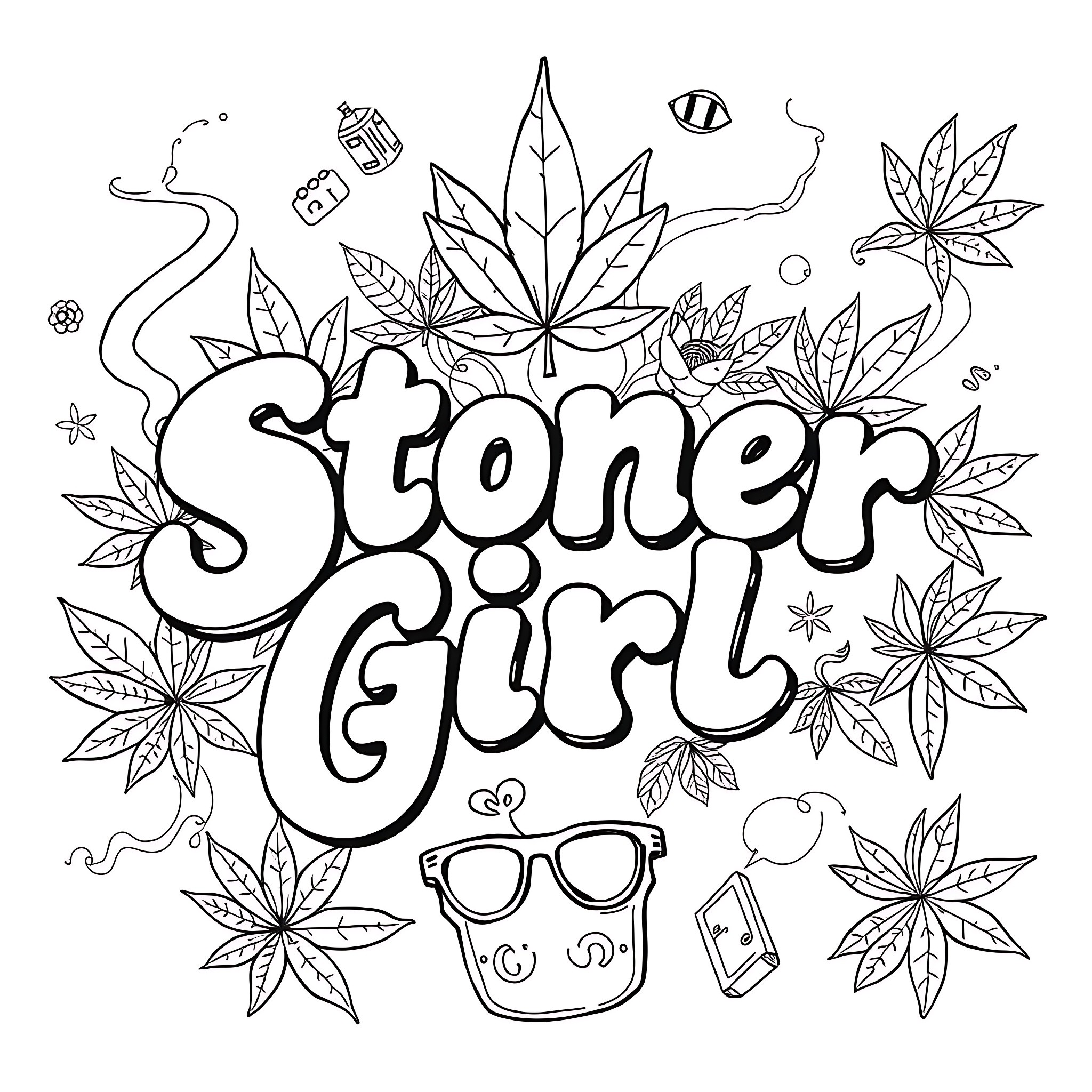 Stoner Girl Enjoying Marijuana Leaves and Cannabis Culture Coloring Page (free black-and-white line drawing printable PDF for all, from beginners to advanced learners, including children, teens, adults, and seniors)