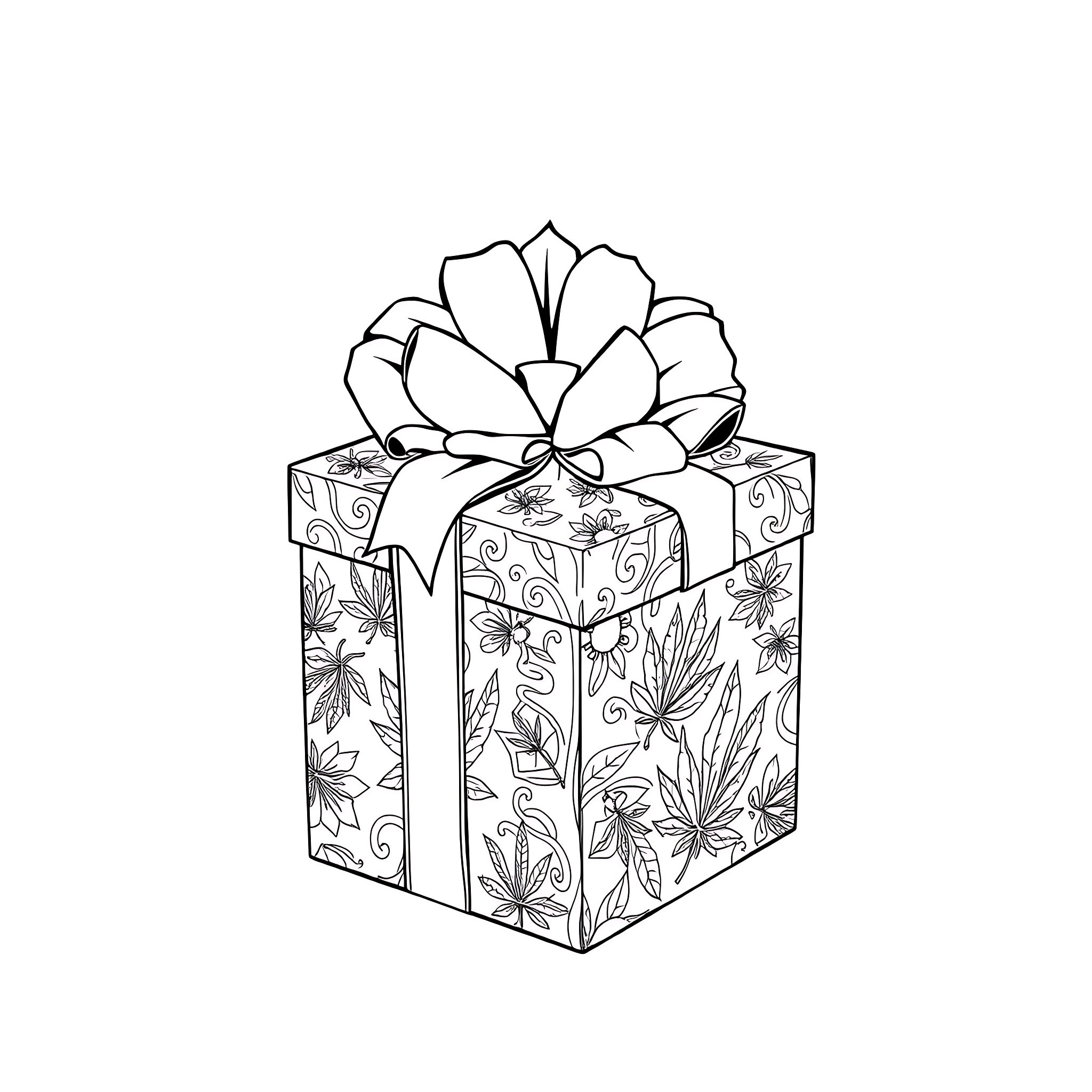 Christmas Present with Floral Patterns Coloring Page (free black-and-white line drawing printable PDF for all, from beginners to advanced learners, including children, teens, adults, and seniors)