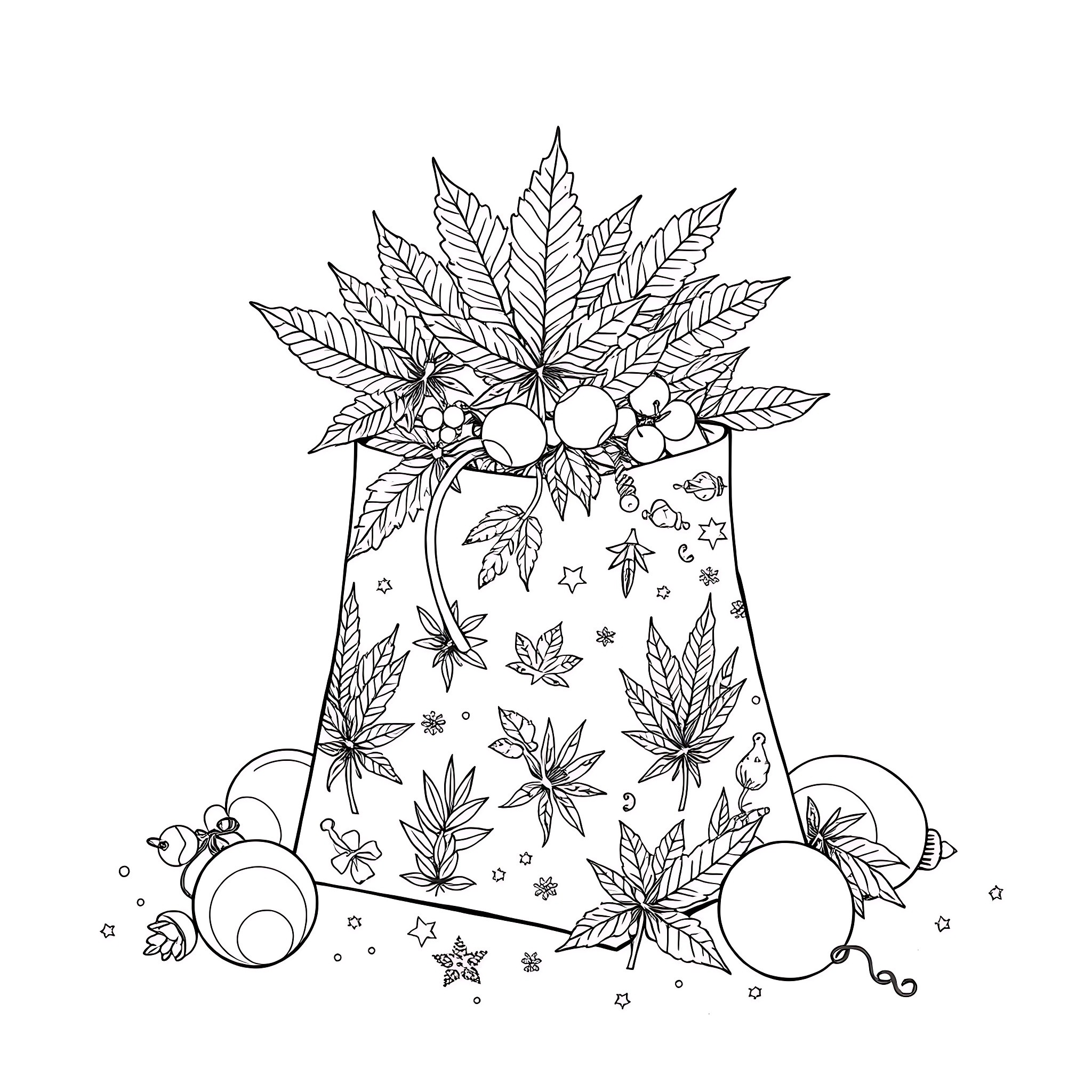 Cannabis Leaves and Floral Illustrations Coloring Page (free black-and-white line drawing printable PDF for all, from beginners to advanced learners, including children, teens, adults, and seniors)