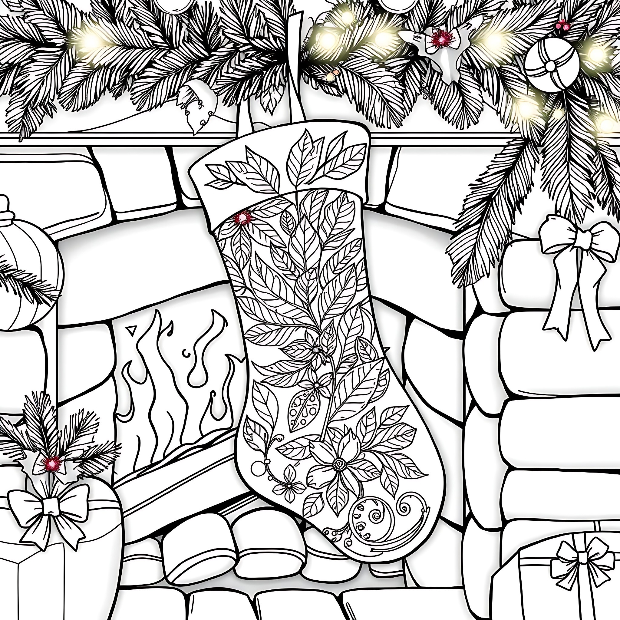 Stocking Filled with Intricate Floral Patterns Coloring Page (free black-and-white line drawing printable PDF for all, from beginners to advanced learners, including children, teens, adults, and seniors)