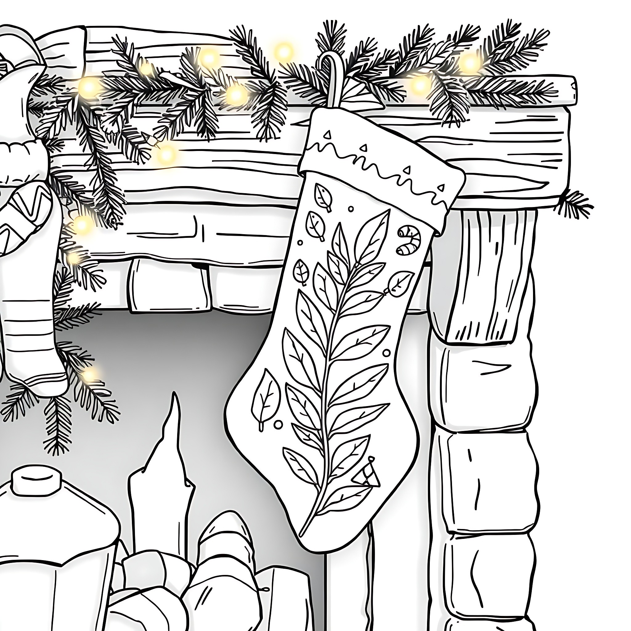Stocking decorations with pine branches and lights Coloring Page (free black-and-white line drawing printable PDF for all, from beginners to advanced learners, including children, teens, adults, and seniors)