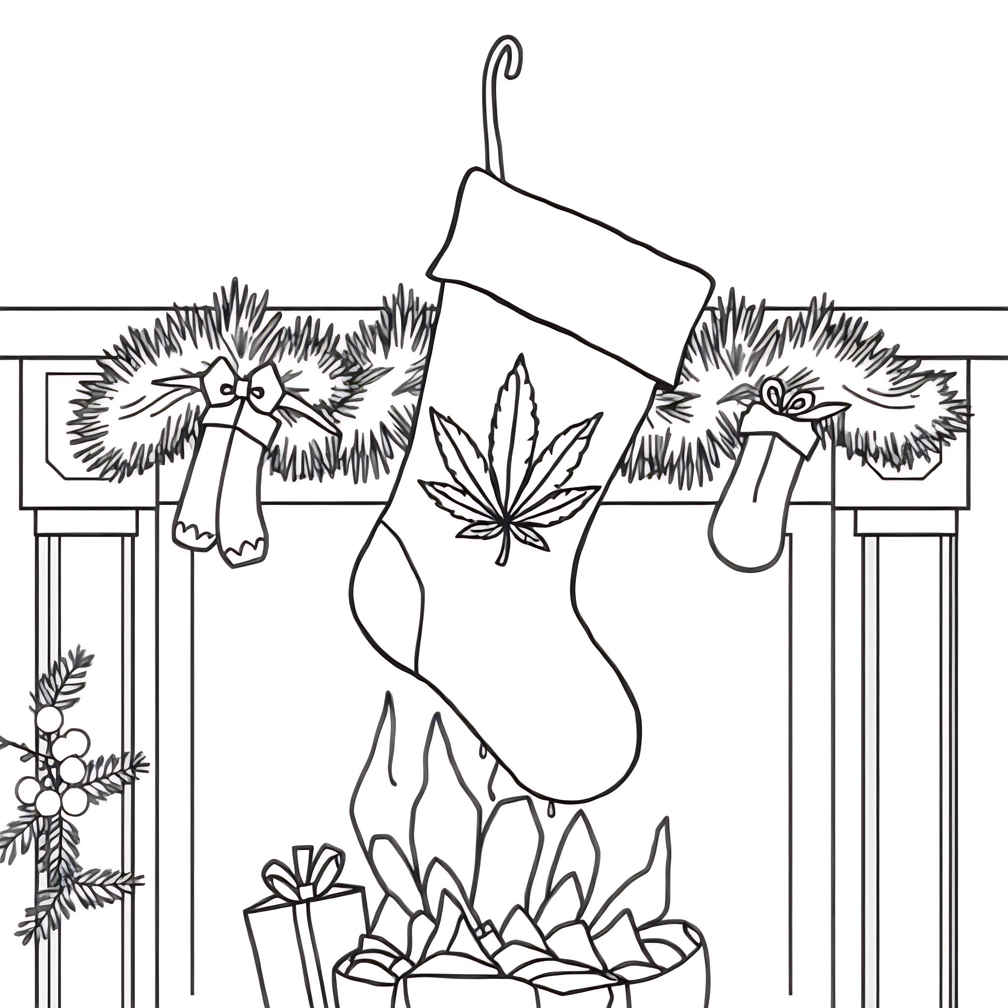 Stocking with Holiday Ornaments and Decorations Coloring Page (free black-and-white line drawing printable PDF for all, from beginners to advanced learners, including children, teens, adults, and seniors)