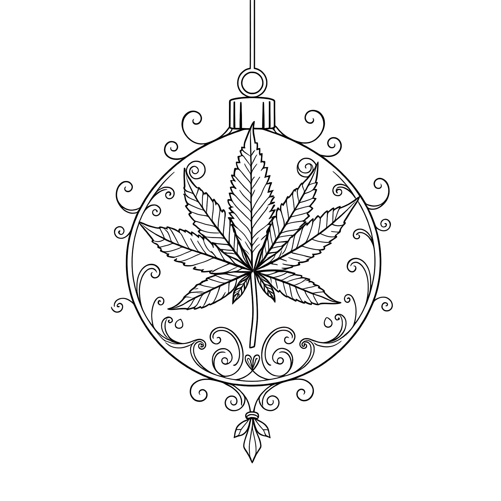 Christmas Ornament with Cannabis Leaf Design Coloring Page (free black-and-white line drawing printable PDF for all, from beginners to advanced learners, including children, teens, adults, and seniors)