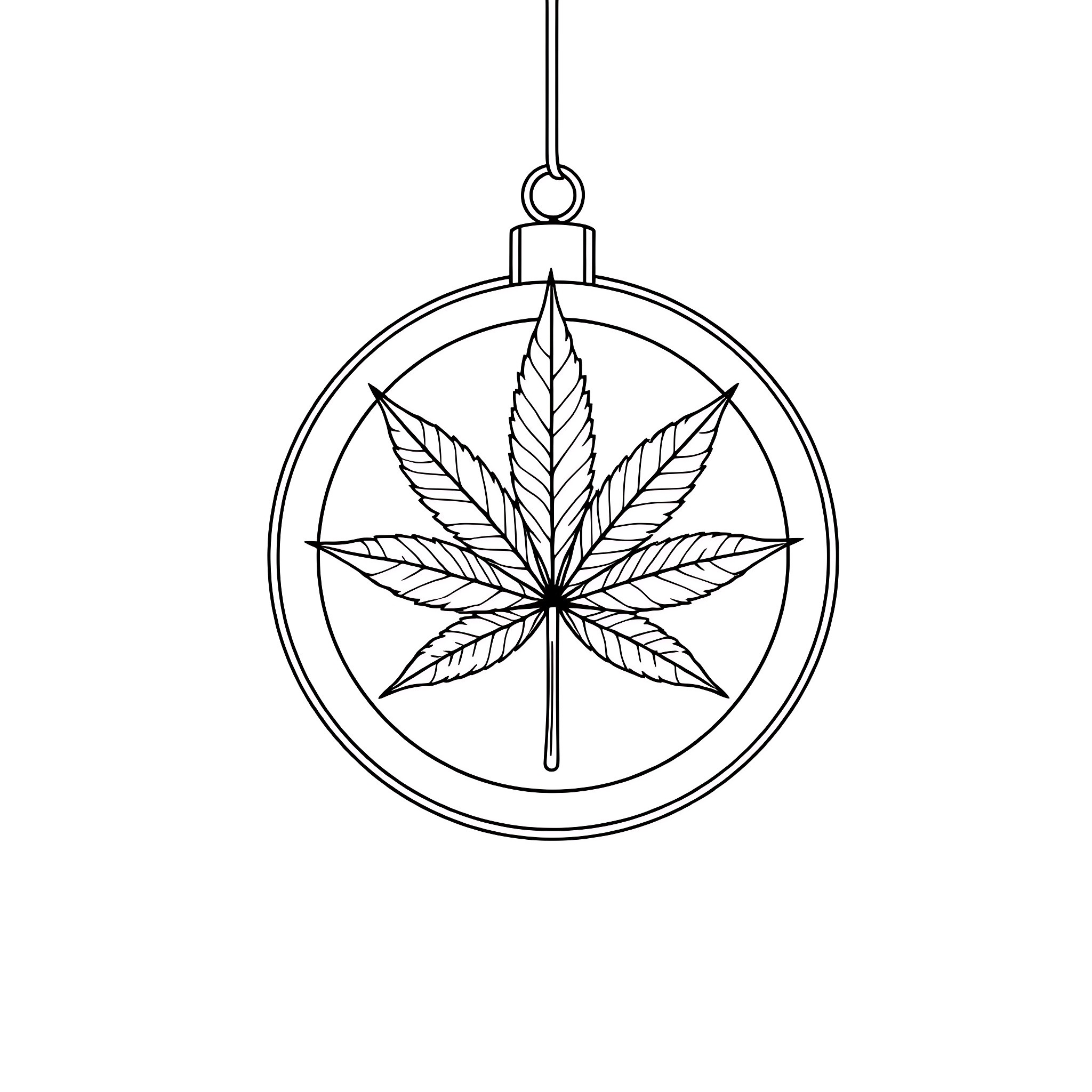 Cannabis Leaf Ornament Hanging in Monochrome Coloring Page (free black-and-white line drawing printable PDF for all, from beginners to advanced learners, including children, teens, adults, and seniors)