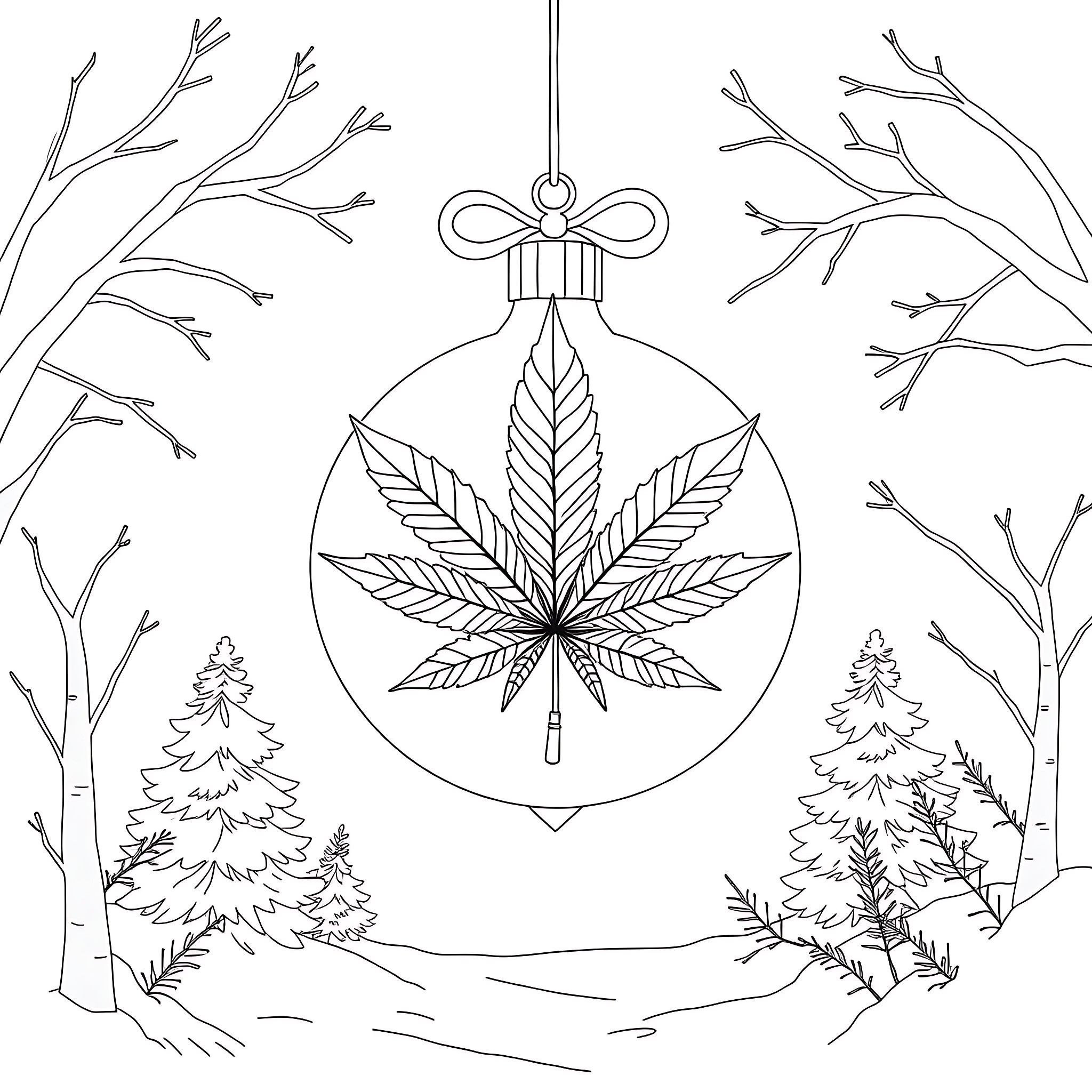 Ornament with Cannabis Leaf Design in Winter Landscape Coloring Page (free black-and-white line drawing printable PDF for all, from beginners to advanced learners, including children, teens, adults, and seniors)
