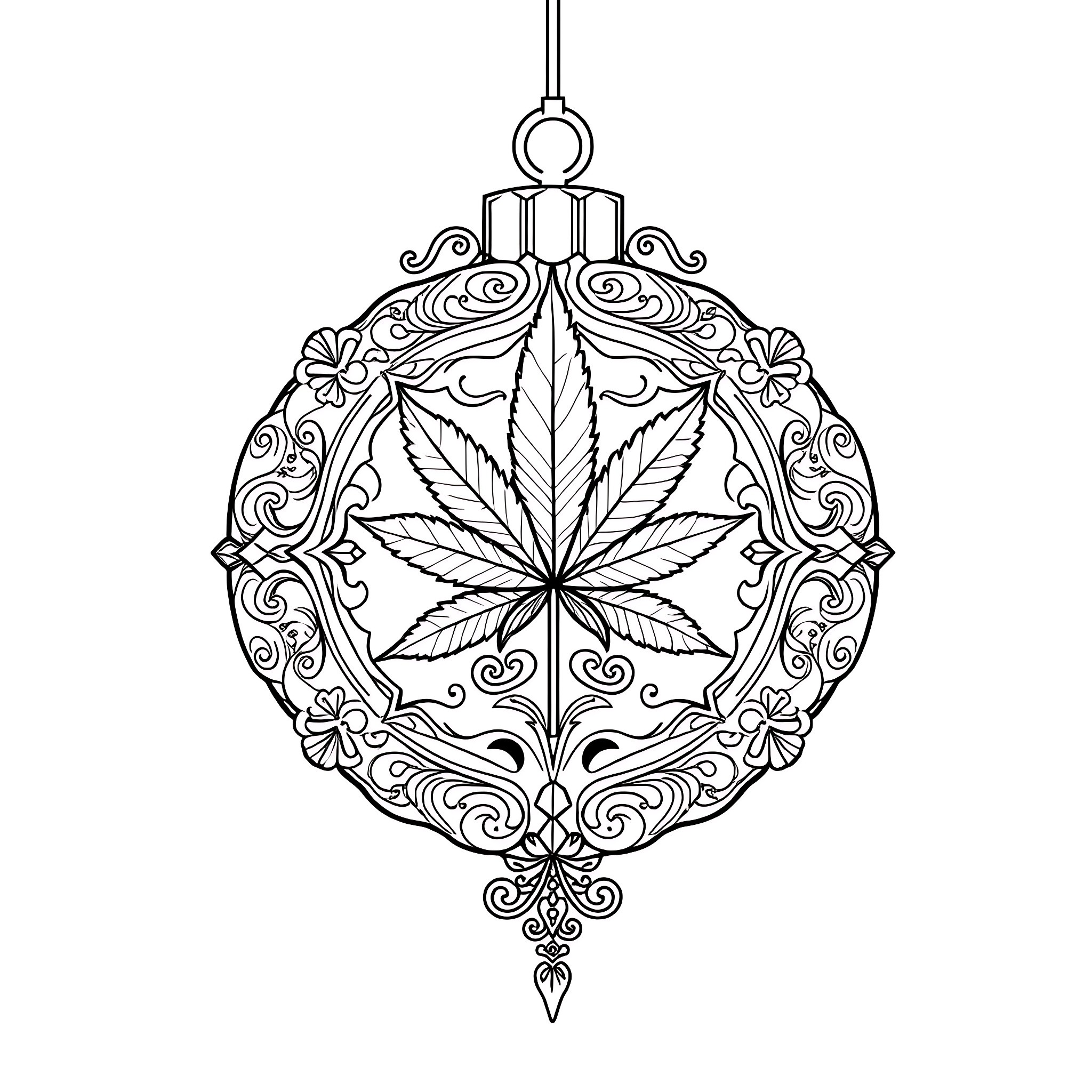 Ornament with Intricate Cannabis Leaf Design Coloring Page (free black-and-white line drawing printable PDF for all, from beginners to advanced learners, including children, teens, adults, and seniors)