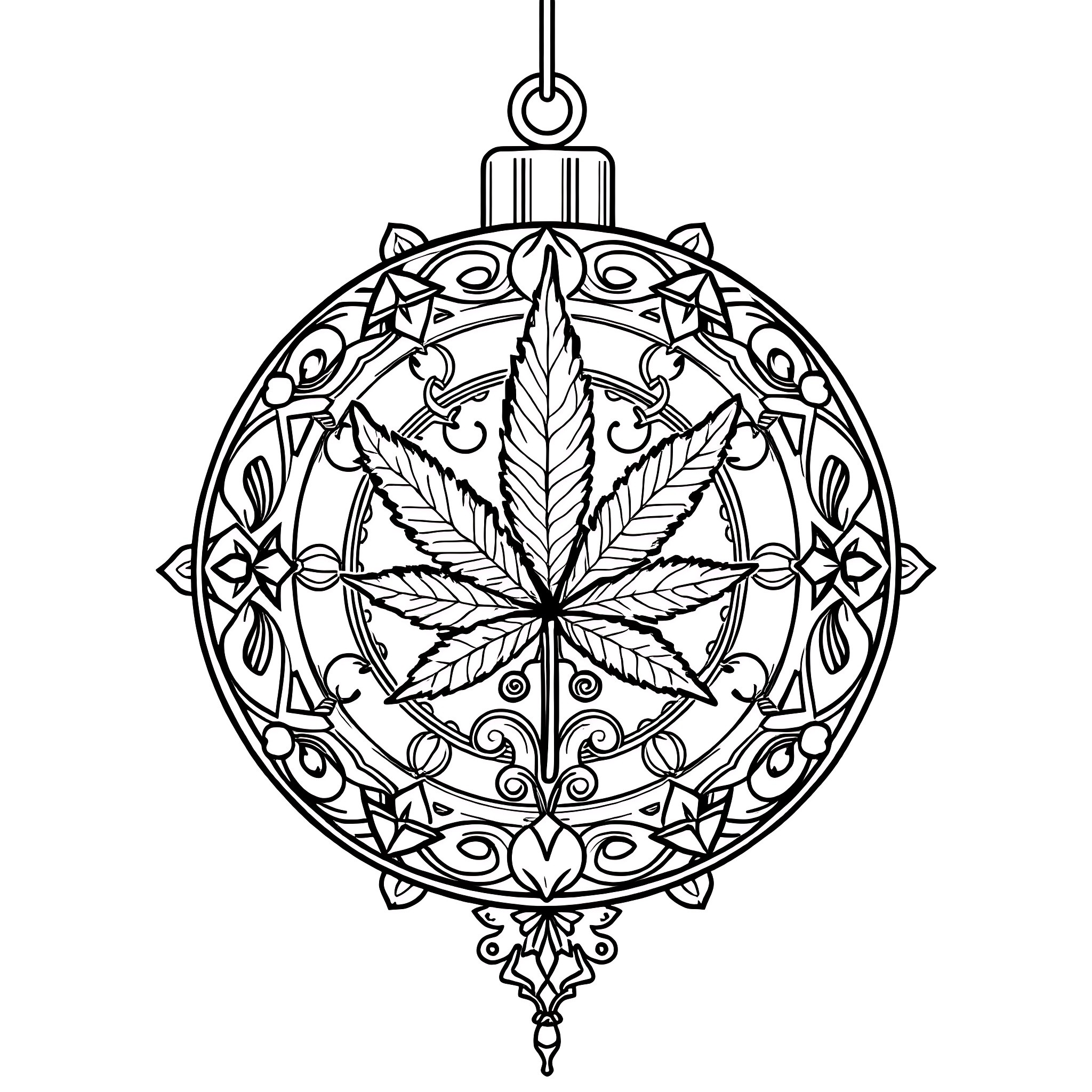 Ornament of Cannabis Leaf in Decorative Frame Coloring Page (free black-and-white line drawing printable PDF for all, from beginners to advanced learners, including children, teens, adults, and seniors)