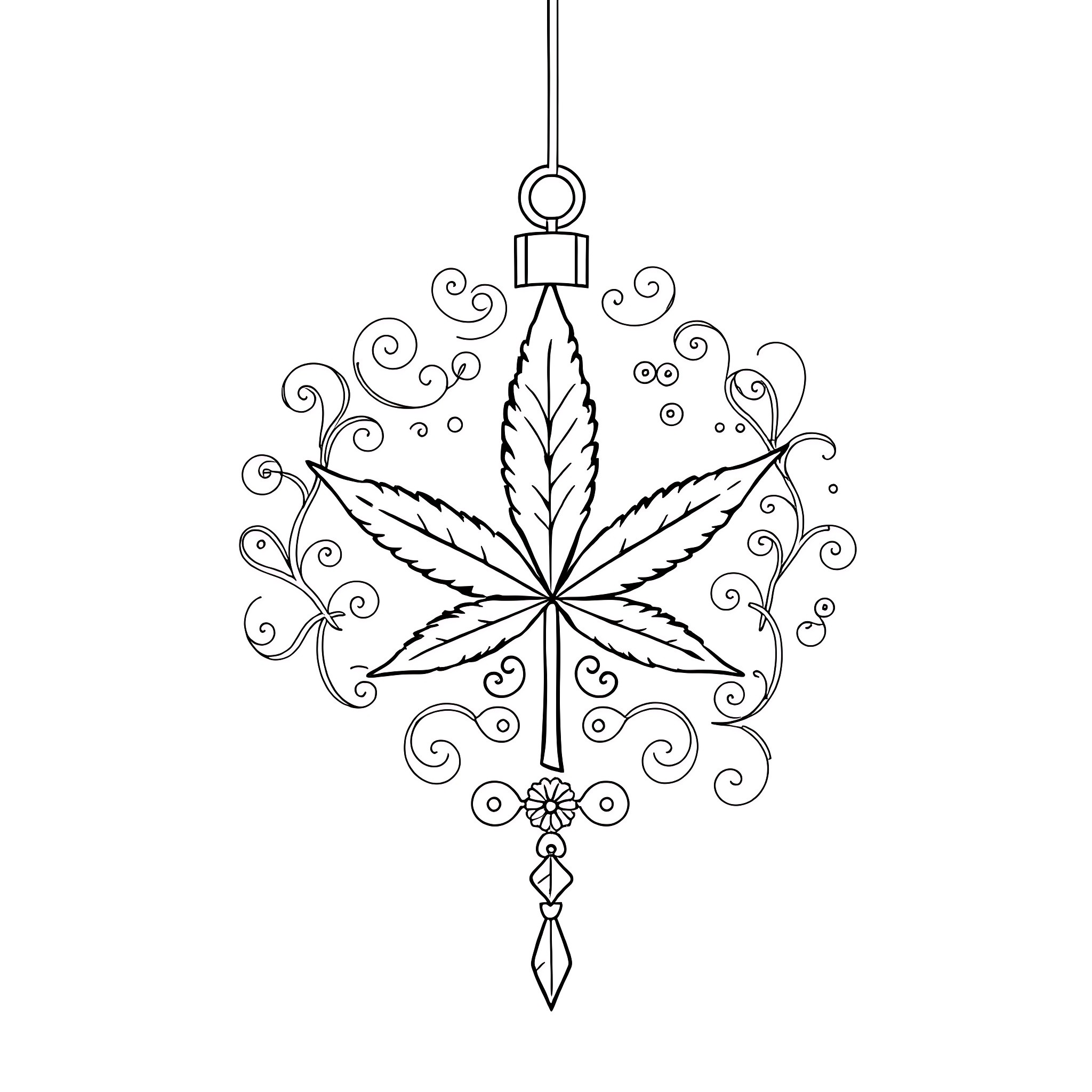 Ornament featuring cannabis leaf with intricate patterns Coloring Page (free black-and-white line drawing printable PDF for all, from beginners to advanced learners, including children, teens, adults, and seniors)