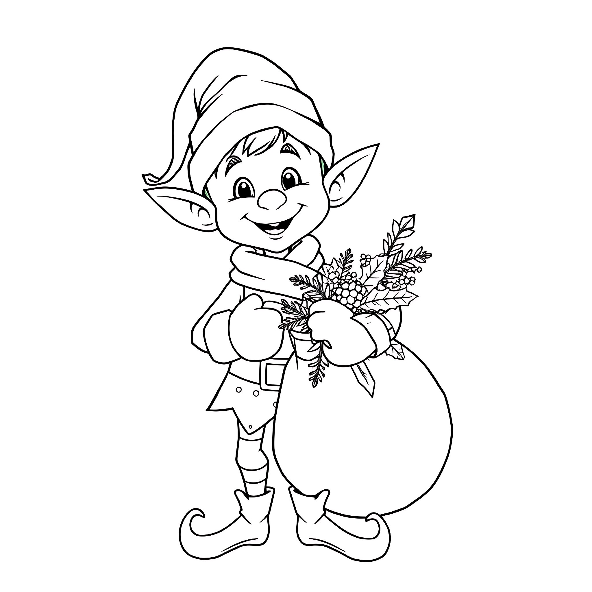 Elf holding a bouquet of flowers Coloring Page (free black-and-white line drawing printable PDF for all, from beginners to advanced learners, including children, teens, adults, and seniors)