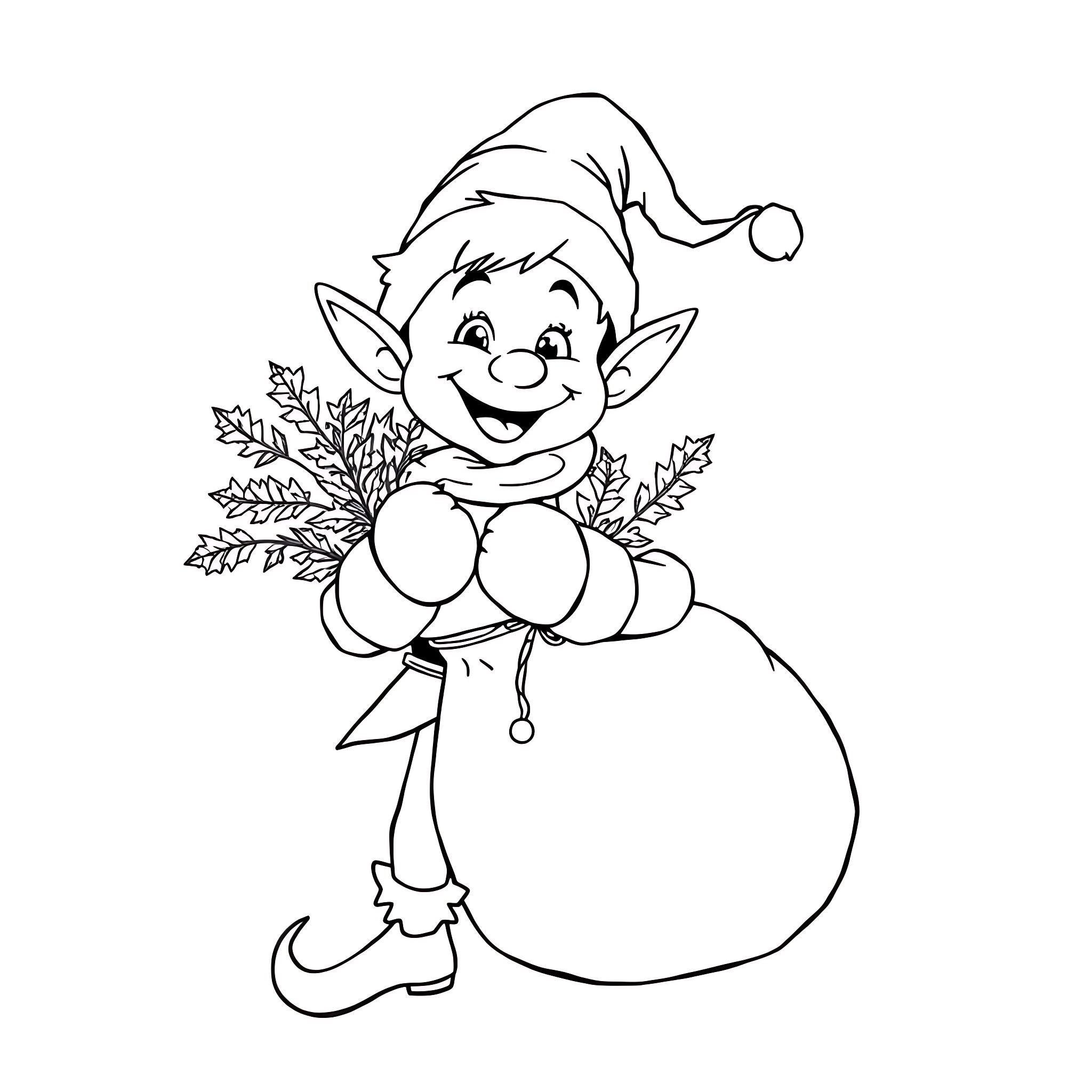 Elf sitting with holly leaves and bag Coloring Page (free black-and-white line drawing printable PDF for all, from beginners to advanced learners, including children, teens, adults, and seniors)