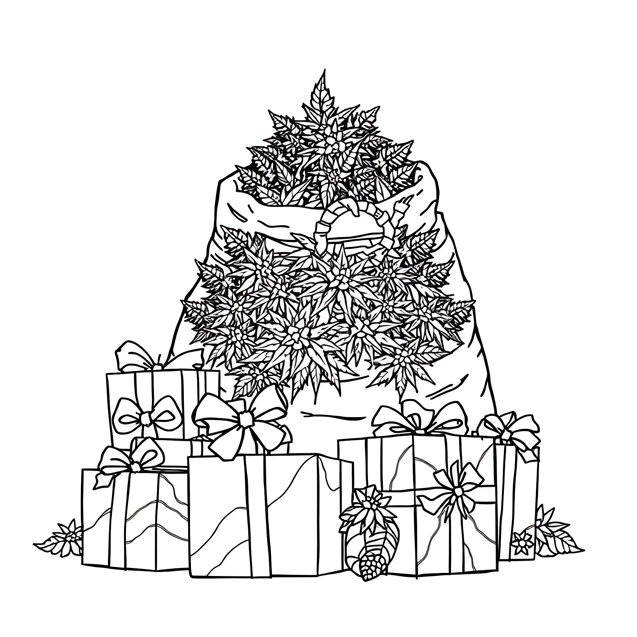 Cannabis-themed Christmas tree and gifts Coloring Page (free black-and-white line drawing printable PDF for all, from beginners to advanced learners, including children, teens, adults, and seniors)