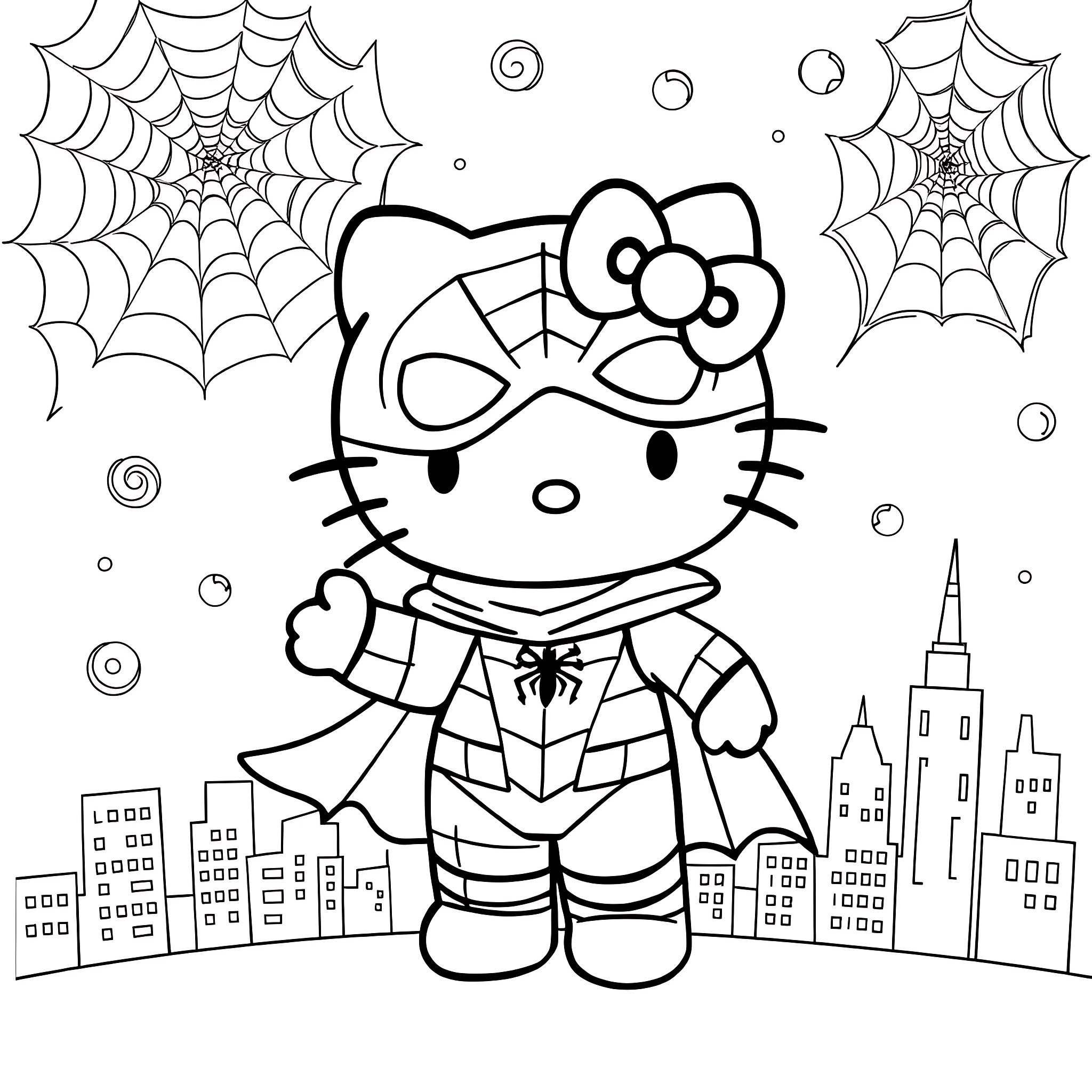 Hello Kitty dressed as Spider-Man in a city setting Coloring Page (free black-and-white line drawing printable PDF for all, from beginners to advanced learners, including children, teens, adults, and seniors)