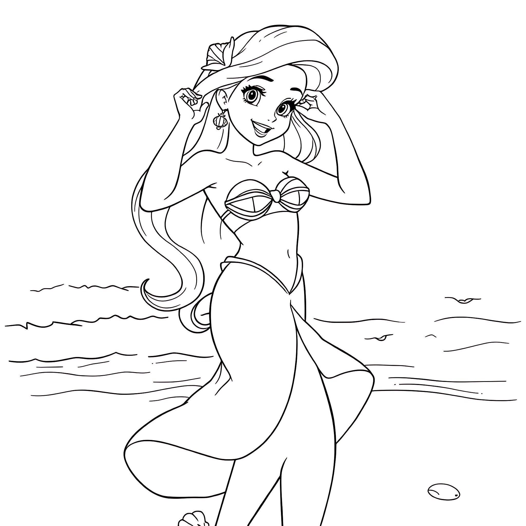 Ariel enjoying the beach in her swimsuit Coloring Page (free black-and-white line drawing printable PDF for all, from beginners to advanced learners, including children, teens, adults, and seniors)