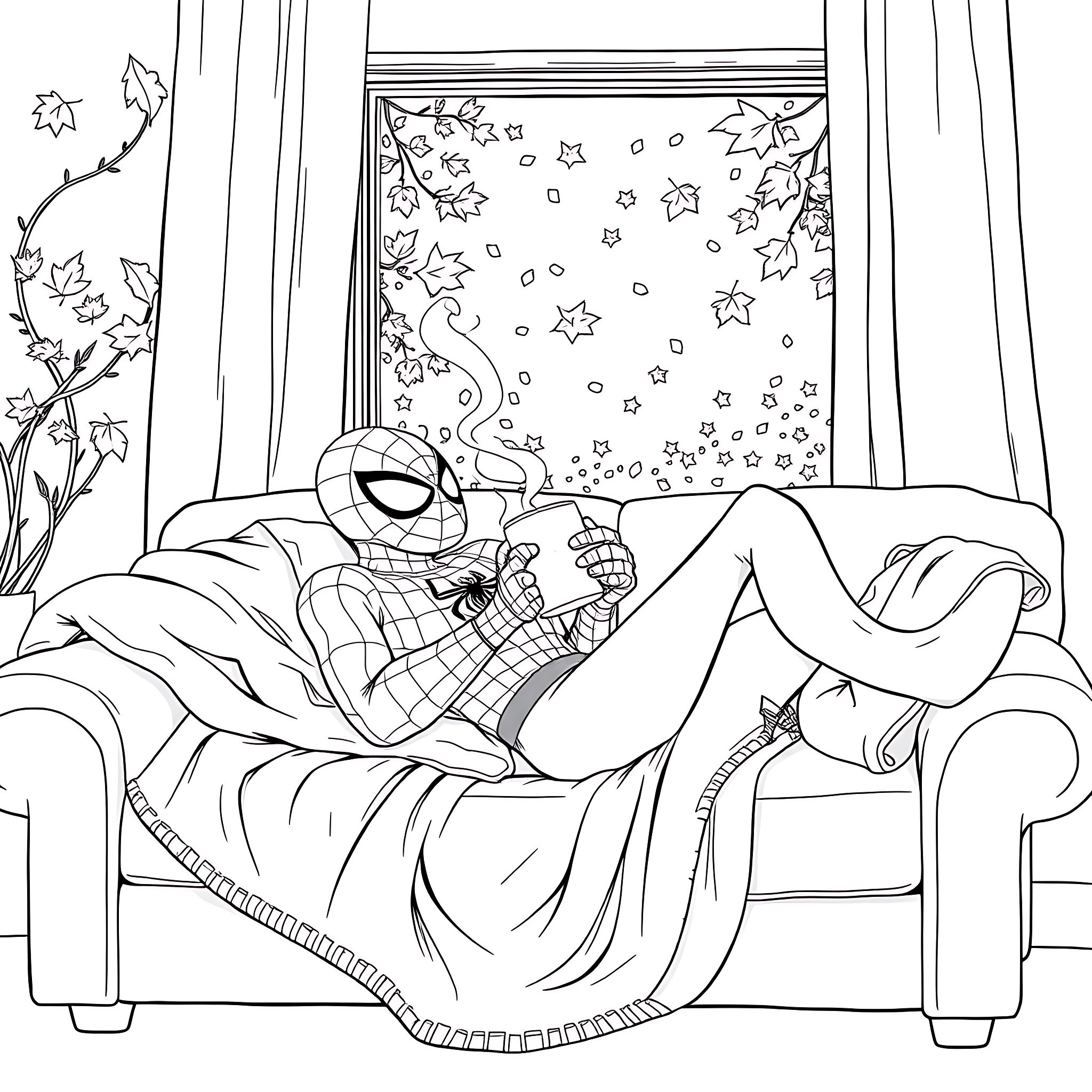 Spiderman relaxing on the couch with stars outside Coloring Page (free black-and-white line drawing printable PDF for all, from beginners to advanced learners, including children, teens, adults, and seniors)