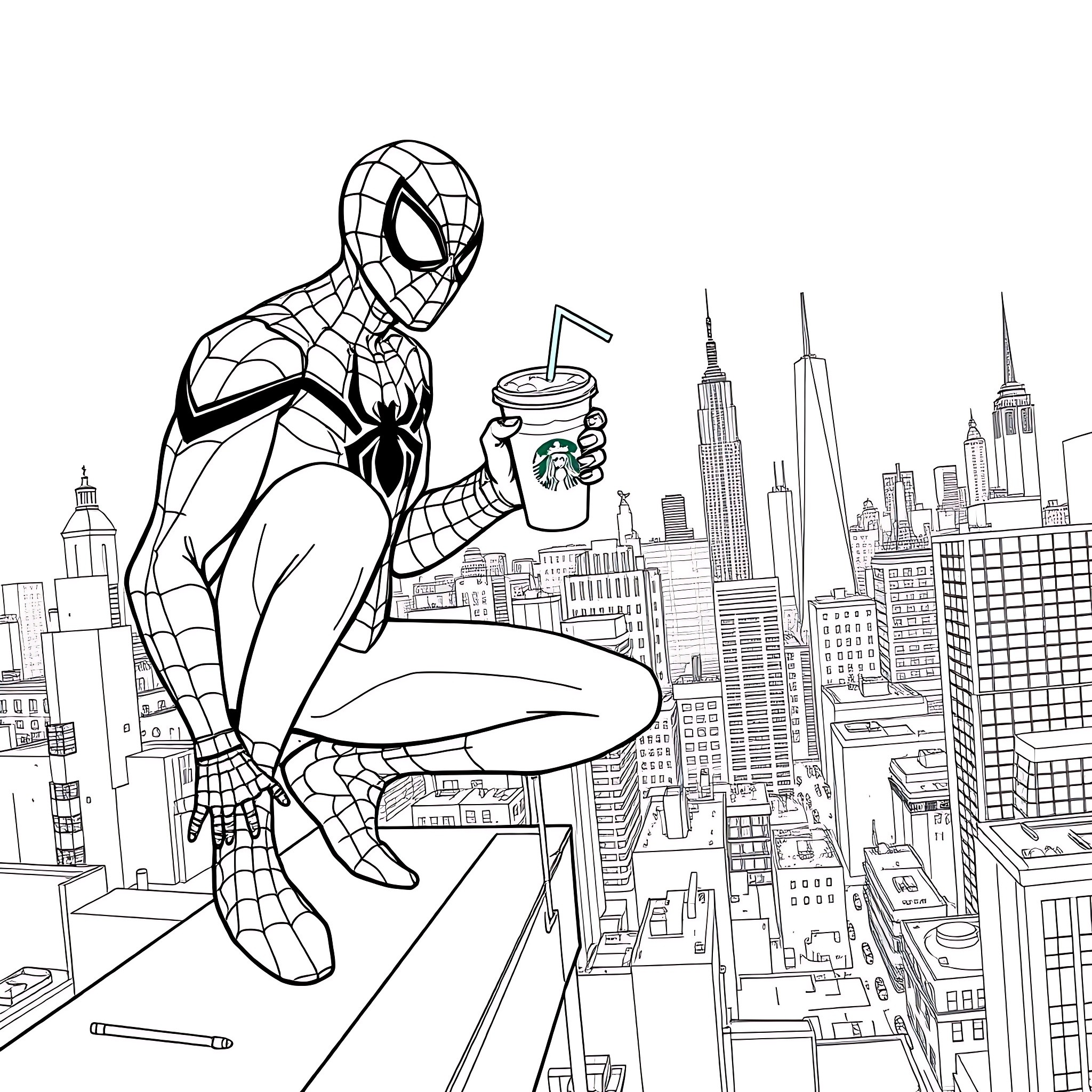 Spiderman overlooking the bustling city skyline Coloring Page (free black-and-white line drawing printable PDF for all, from beginners to advanced learners, including children, teens, adults, and seniors)