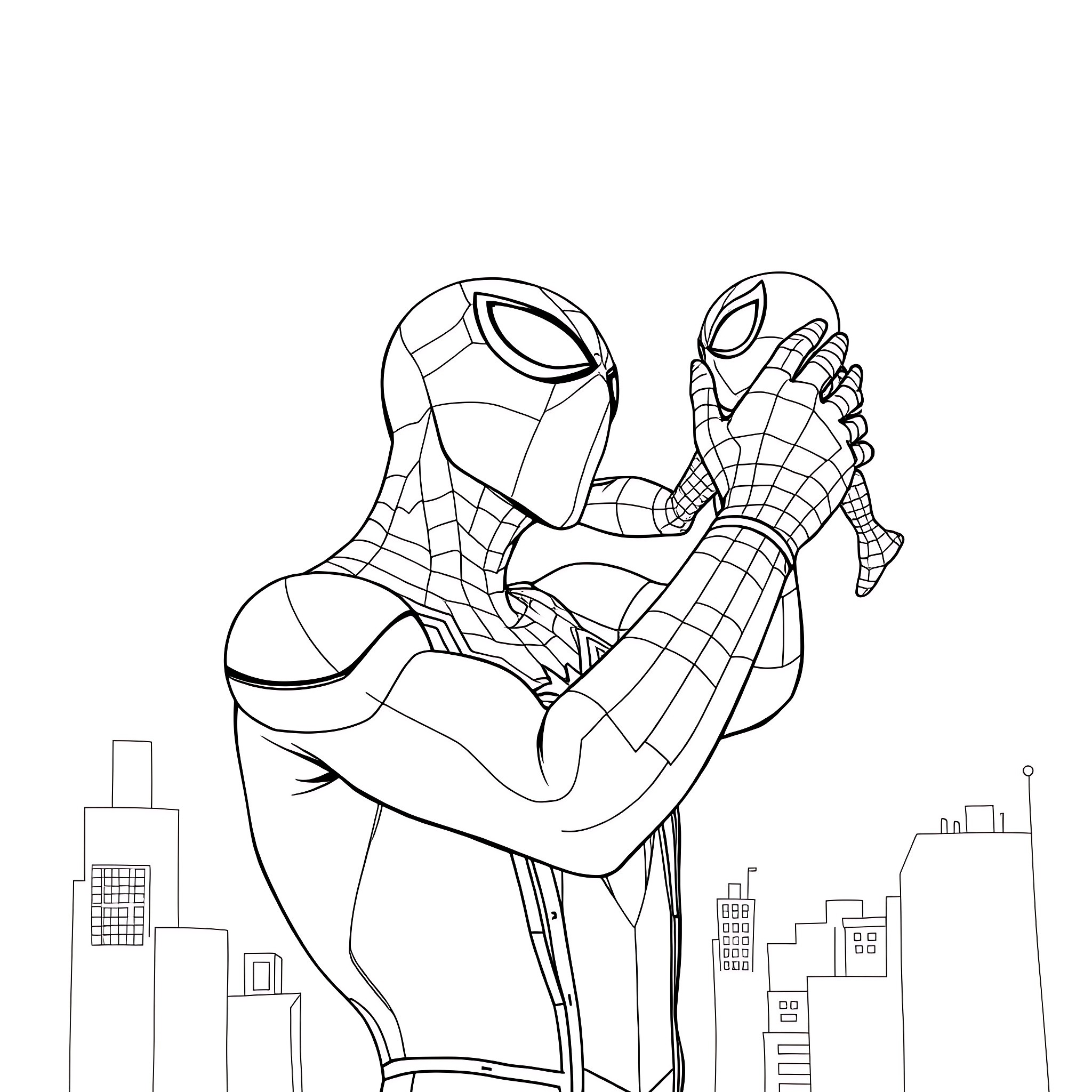Spiderman swinging through the city skyline Coloring Page (free black-and-white line drawing printable PDF for all, from beginners to advanced learners, including children, teens, adults, and seniors)