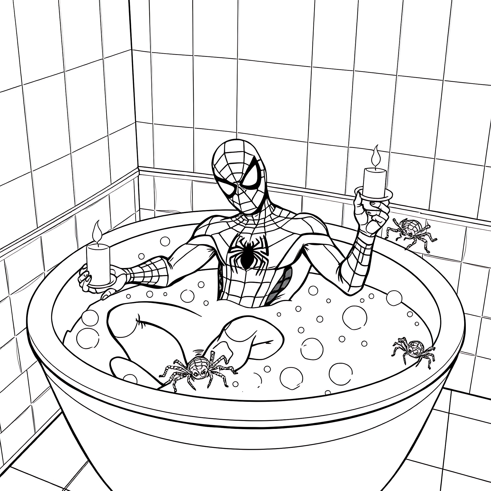 Spiderman relaxing in a bubble bath with spiders Coloring Page (free black-and-white line drawing printable PDF for all, from beginners to advanced learners, including children, teens, adults, and seniors)