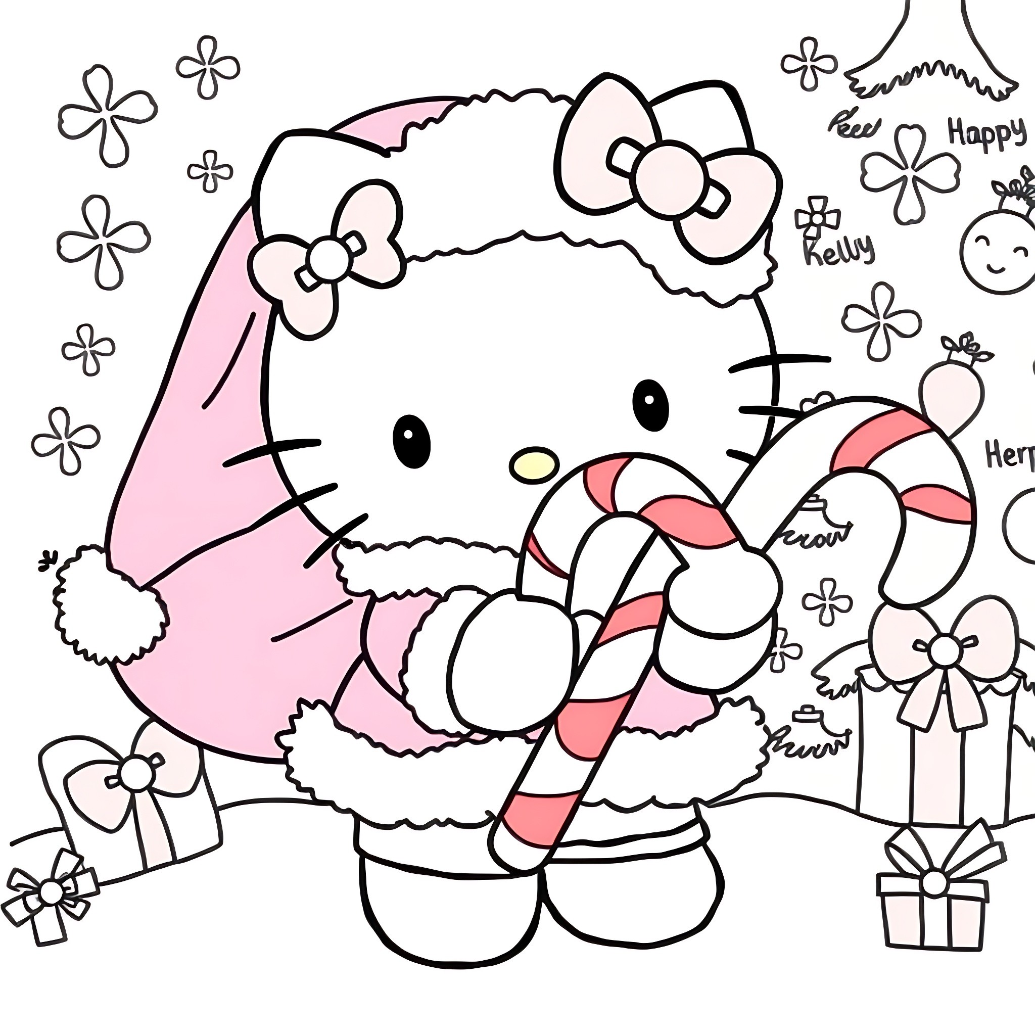 Hello Kitty holding candy cane in festive Christmas outfit Coloring Page (free black-and-white line drawing printable PDF for all, from beginners to advanced learners, including children, teens, adults, and seniors)