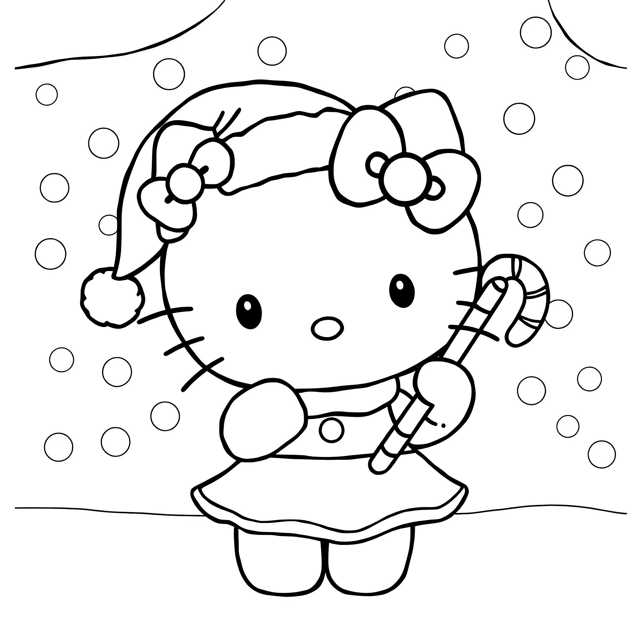 Hello Kitty walking with a candy cane Coloring Page (free black-and-white line drawing printable PDF for all, from beginners to advanced learners, including children, teens, adults, and seniors)