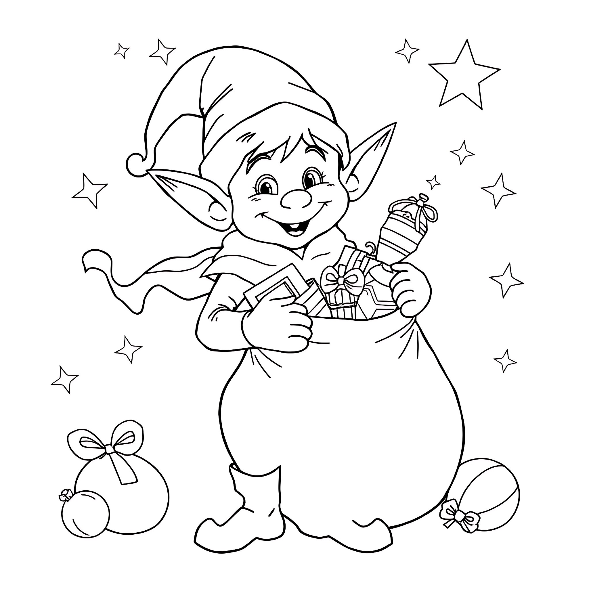 Elf carrying a sack of gifts with stars Coloring Page (free black-and-white line drawing printable PDF for all, from beginners to advanced learners, including children, teens, adults, and seniors)