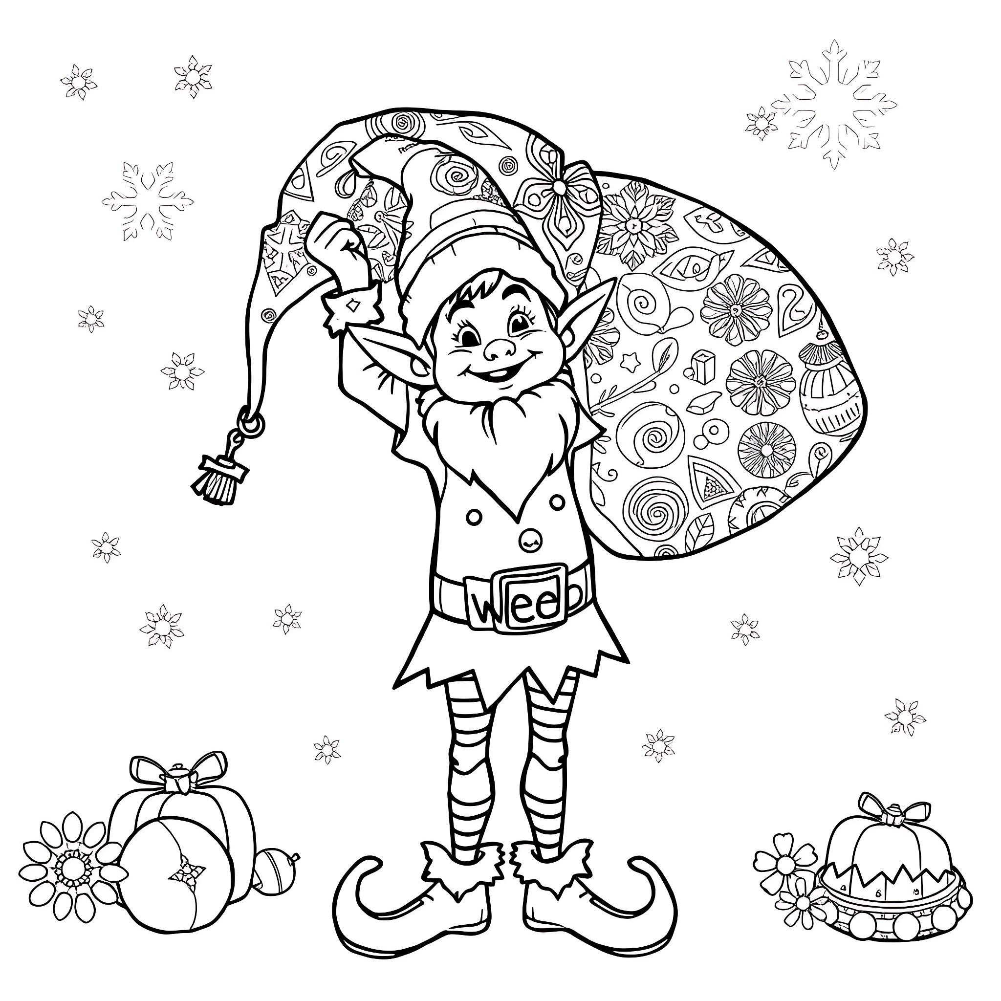 Elf carrying a sack with decorative patterns Coloring Page (free black-and-white line drawing printable PDF for all, from beginners to advanced learners, including children, teens, adults, and seniors)