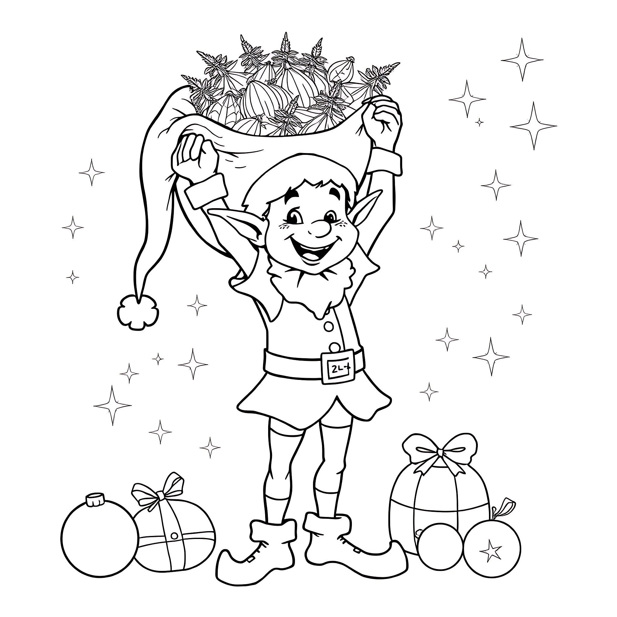 Elf carrying a sack of gifts and ornaments Coloring Page (free black-and-white line drawing printable PDF for all, from beginners to advanced learners, including children, teens, adults, and seniors)
