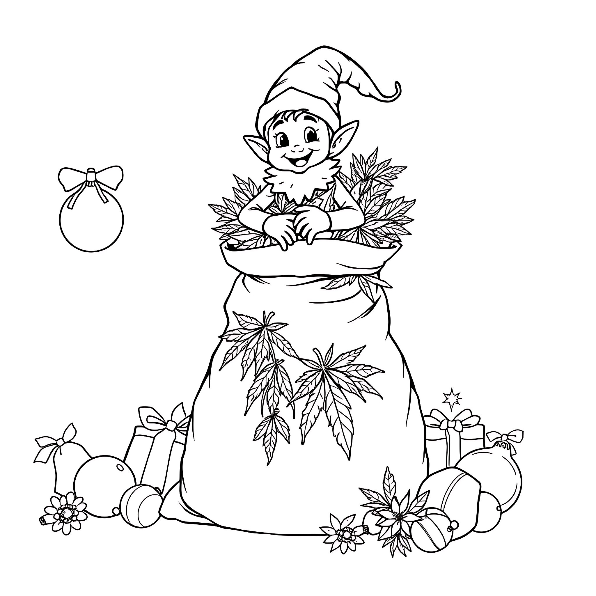 Elf carrying a bag filled with autumn leaves and gifts Coloring Page (free black-and-white line drawing printable PDF for all, from beginners to advanced learners, including children, teens, adults, and seniors)